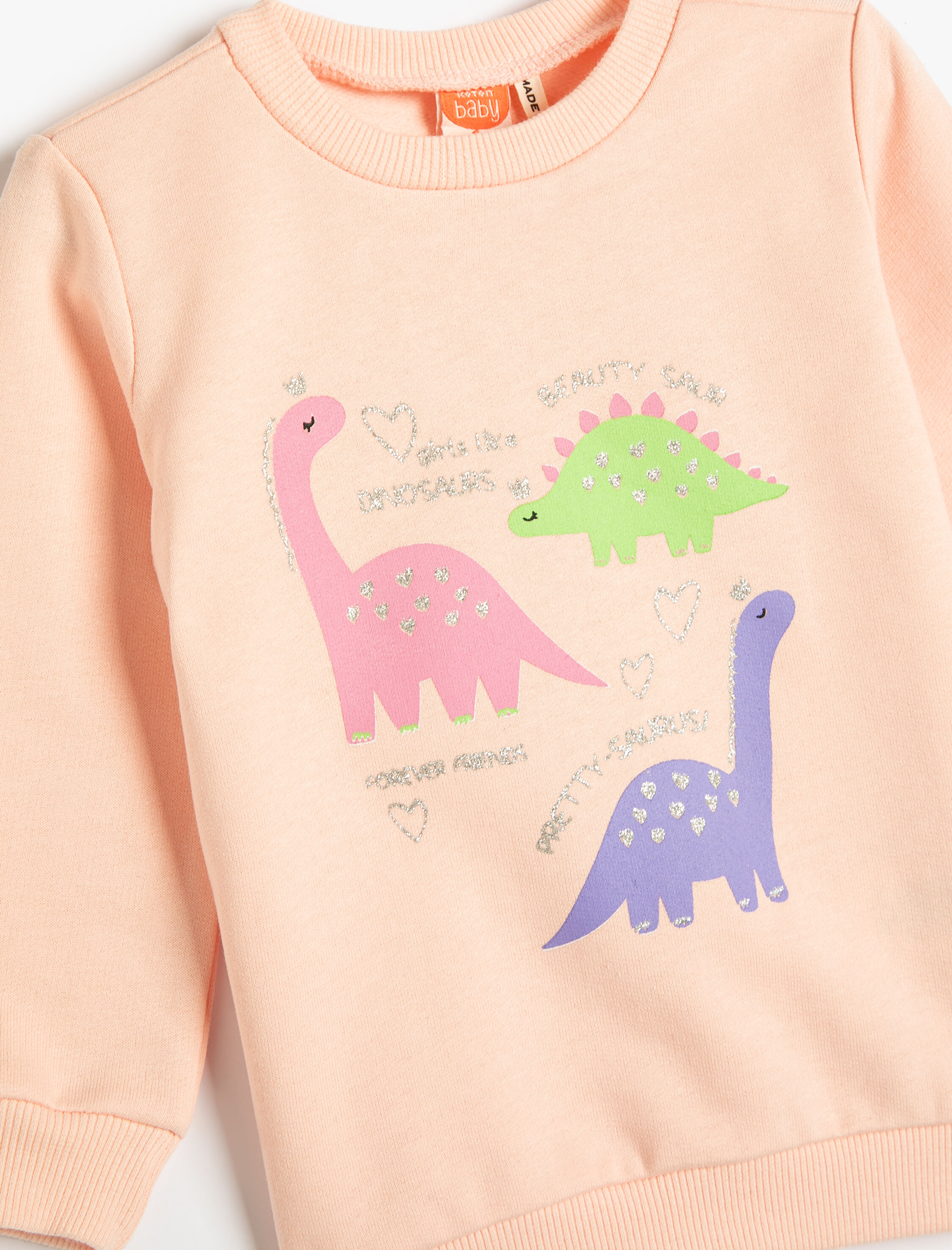  Kız Bebek Dinozorlu Sweatshirt Uzun Kollu Bisiklet Yaka Şardonlu Pamuklu
