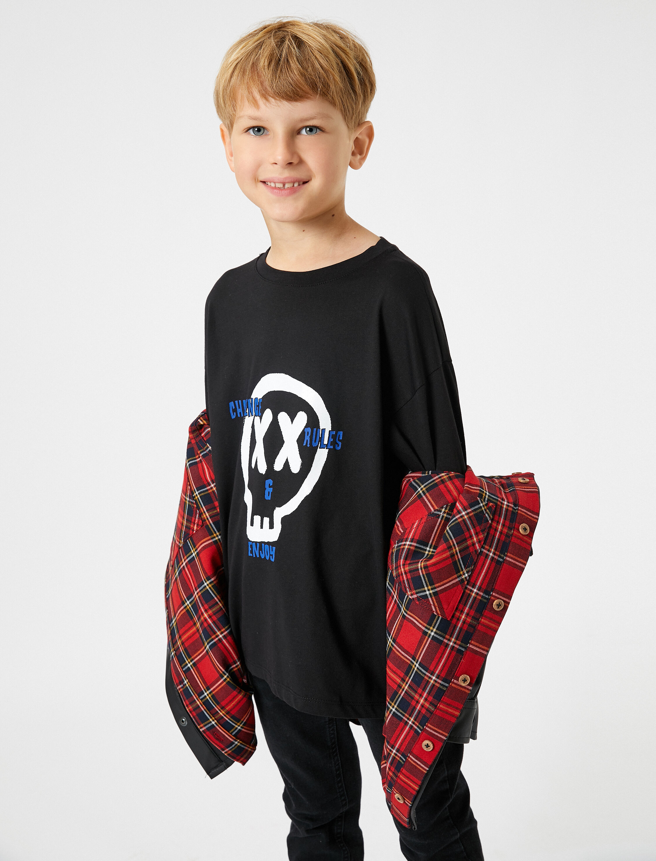  Erkek Çocuk Tişört Uzun Kollu Kuru Kafa Baskılı Bisiklet Yaka Pamuklu