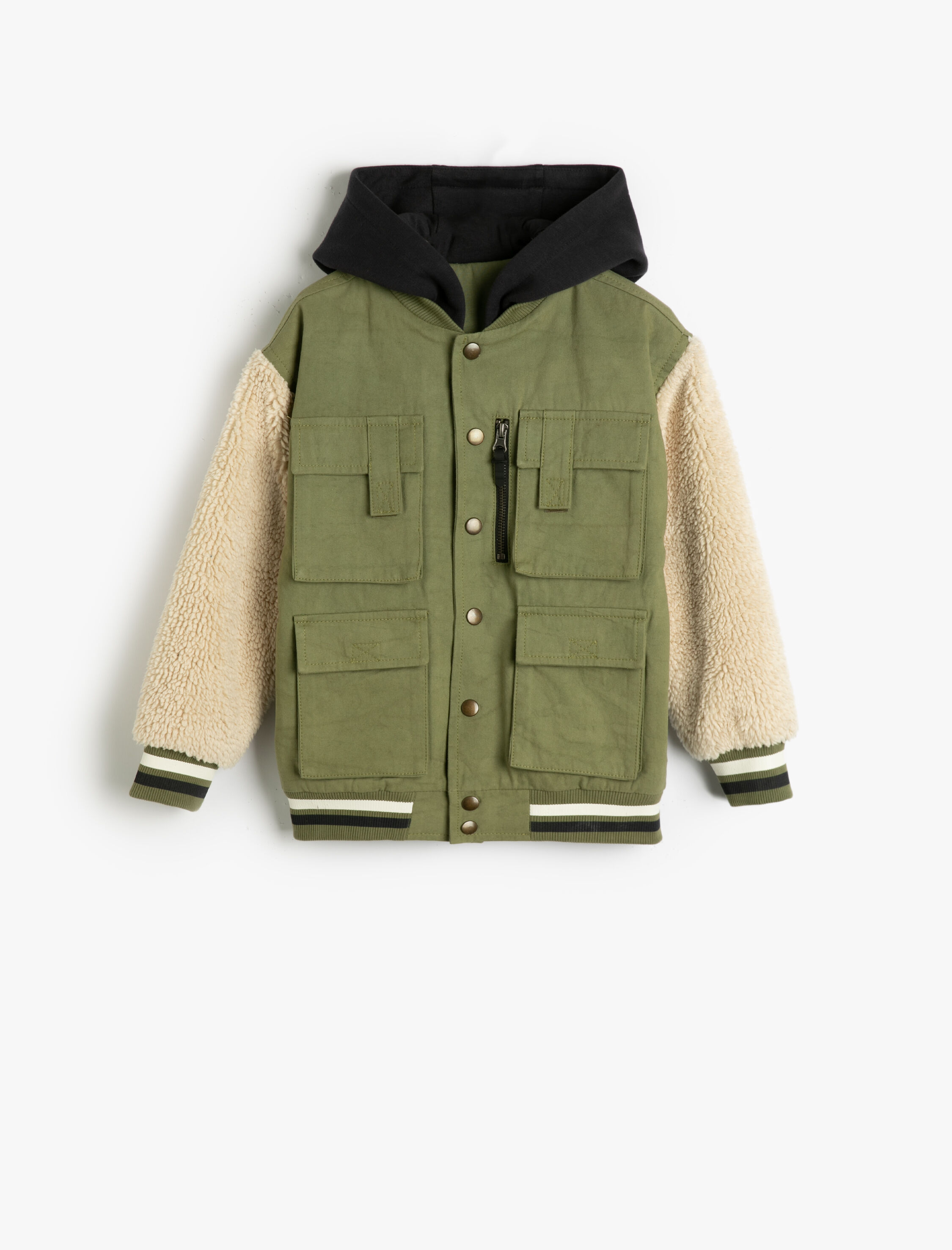  Erkek Çocuk Kapşonlu Ceket Peluş ve Fermuar Detaylı Kargo Cepli Manşetleri ve Beli Lastikli Şardonlu