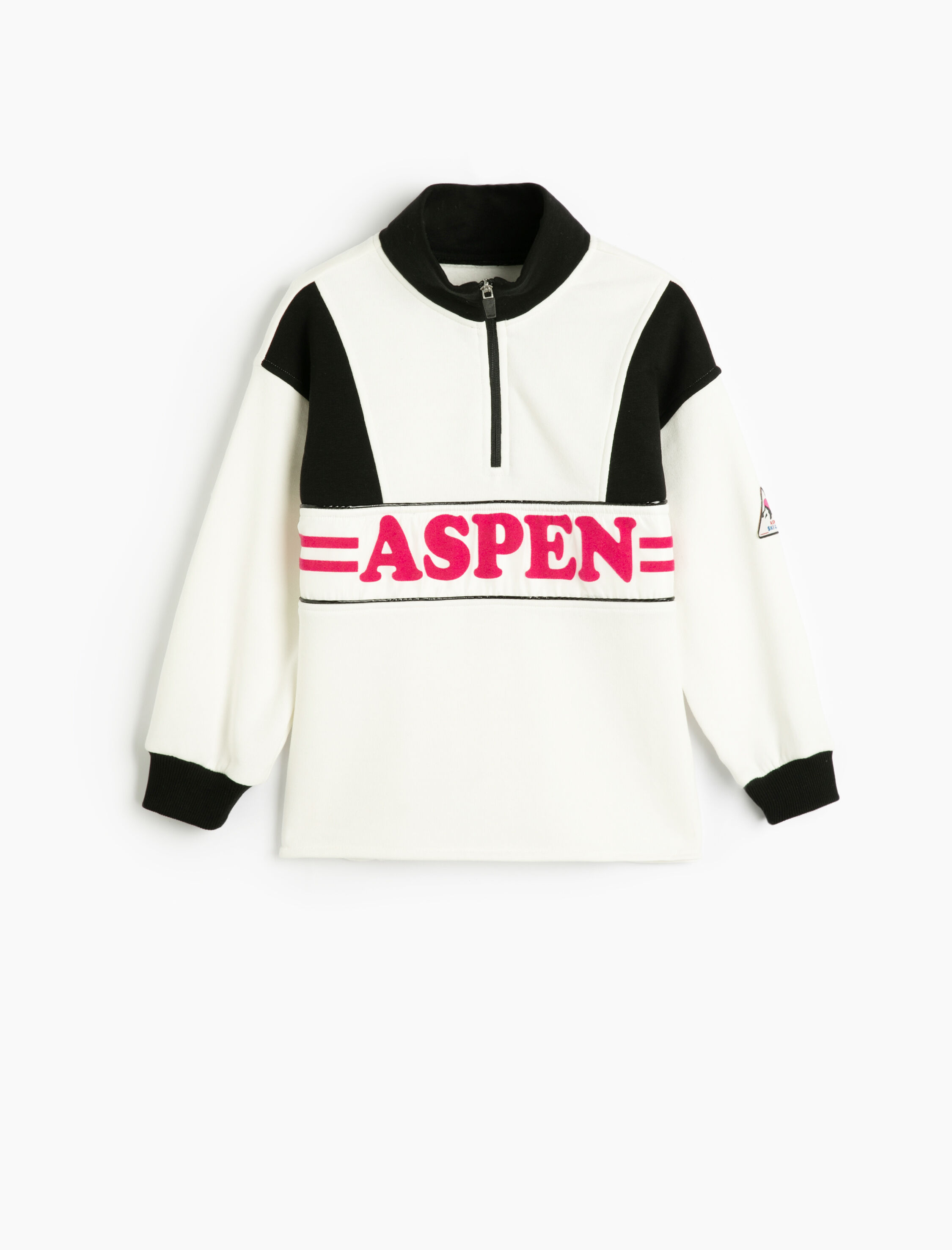 Kız Çocuk Sweatshirt Dik Yaka Yarım Fermuarlı Uzun Kollu Baskılı Renk Kontrastlı Şardonlu