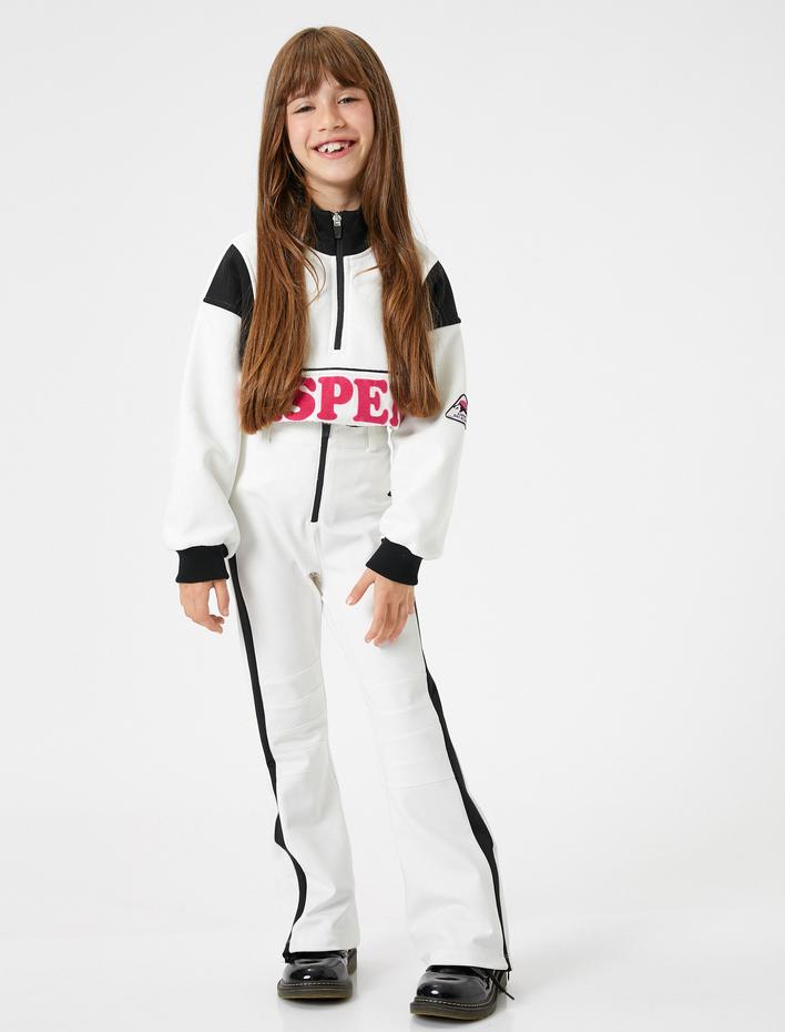 Kız Çocuk Sweatshirt Dik Yaka Yarım Fermuarlı Uzun Kollu Baskılı Renk Kontrastlı Şardonlu