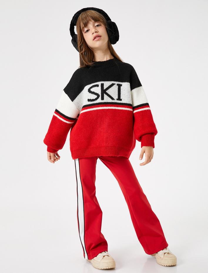 Kız Çocuk Kazak Yuvarlak Yaka Renk Bloklu Yazı Detaylı