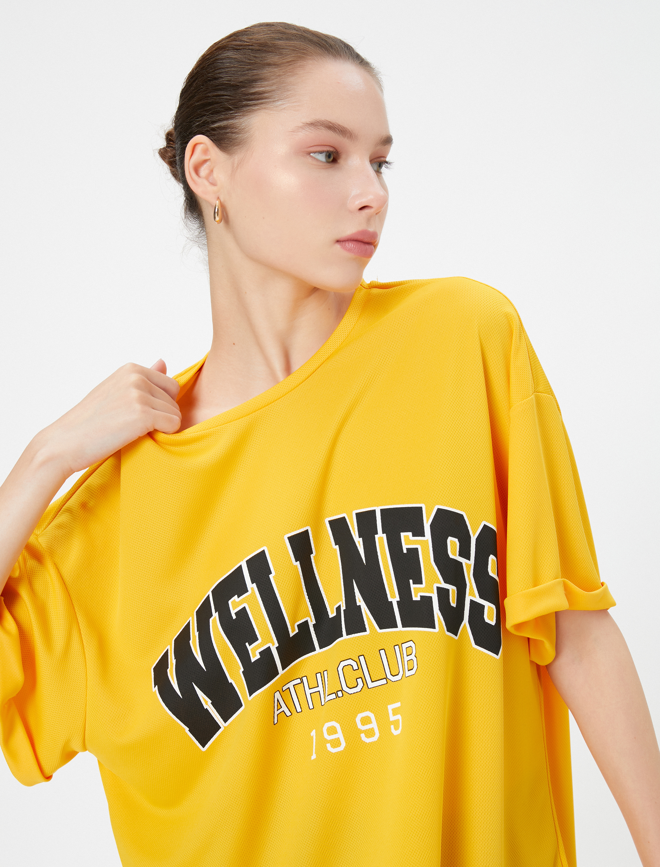   Oversize Spor Tişört Baskılı Kısa Kollu Bisiklet Yaka