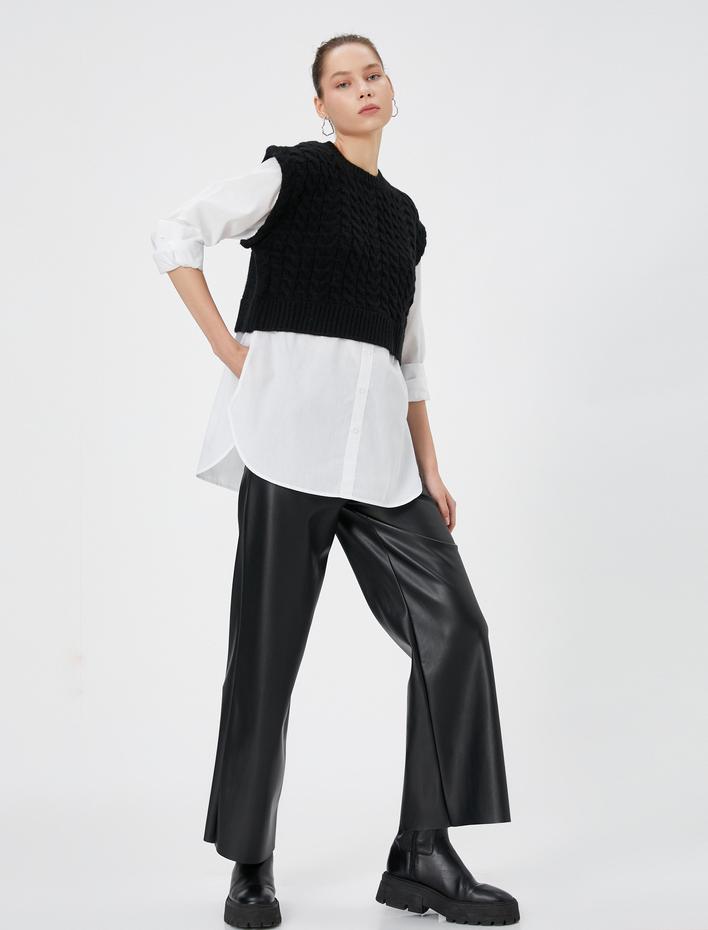  Triko Süveter Detaylı Tunik Çift Kumaş Uzun Kollu Yuvarlak Yaka