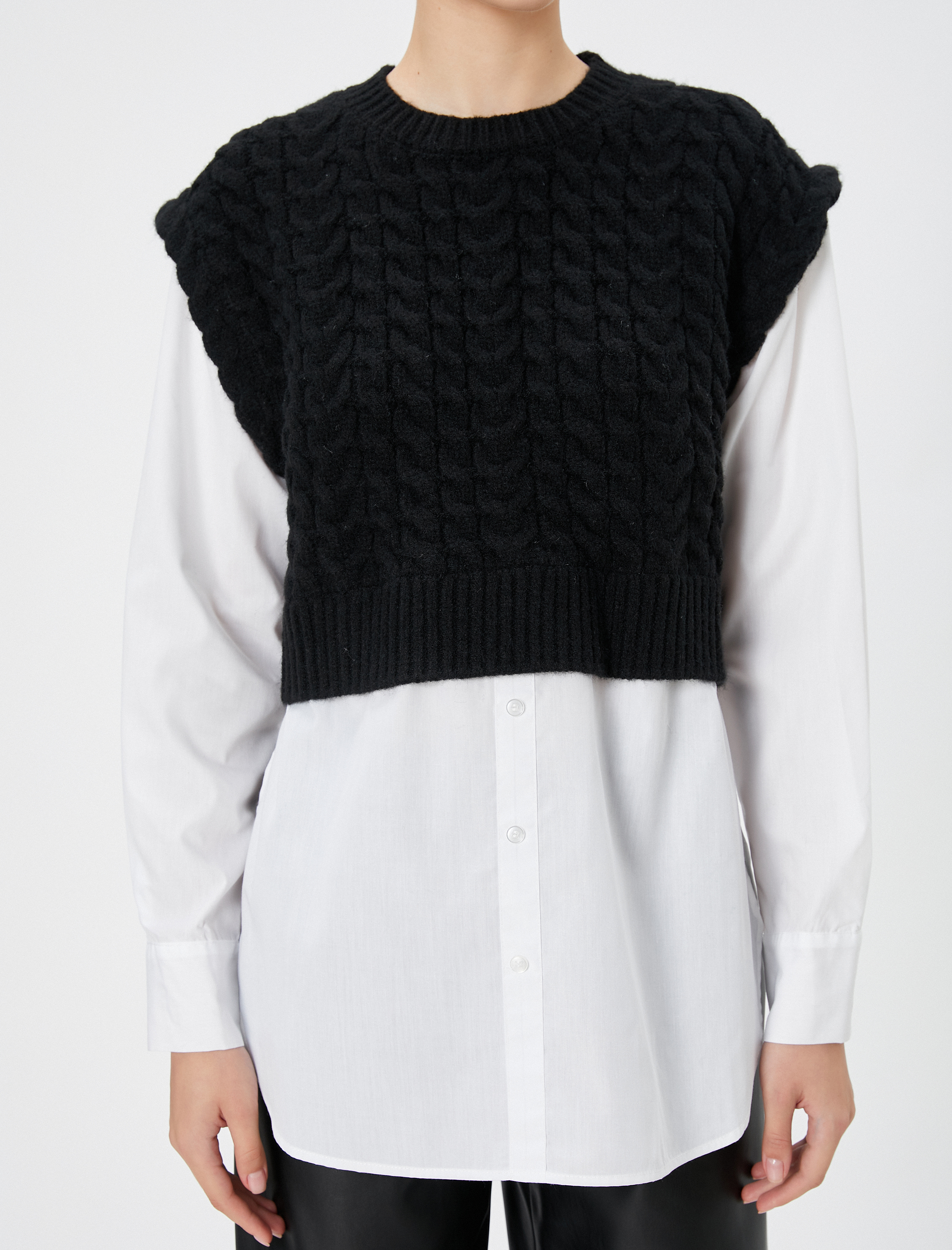   Triko Süveter Detaylı Tunik Çift Kumaş Uzun Kollu Yuvarlak Yaka