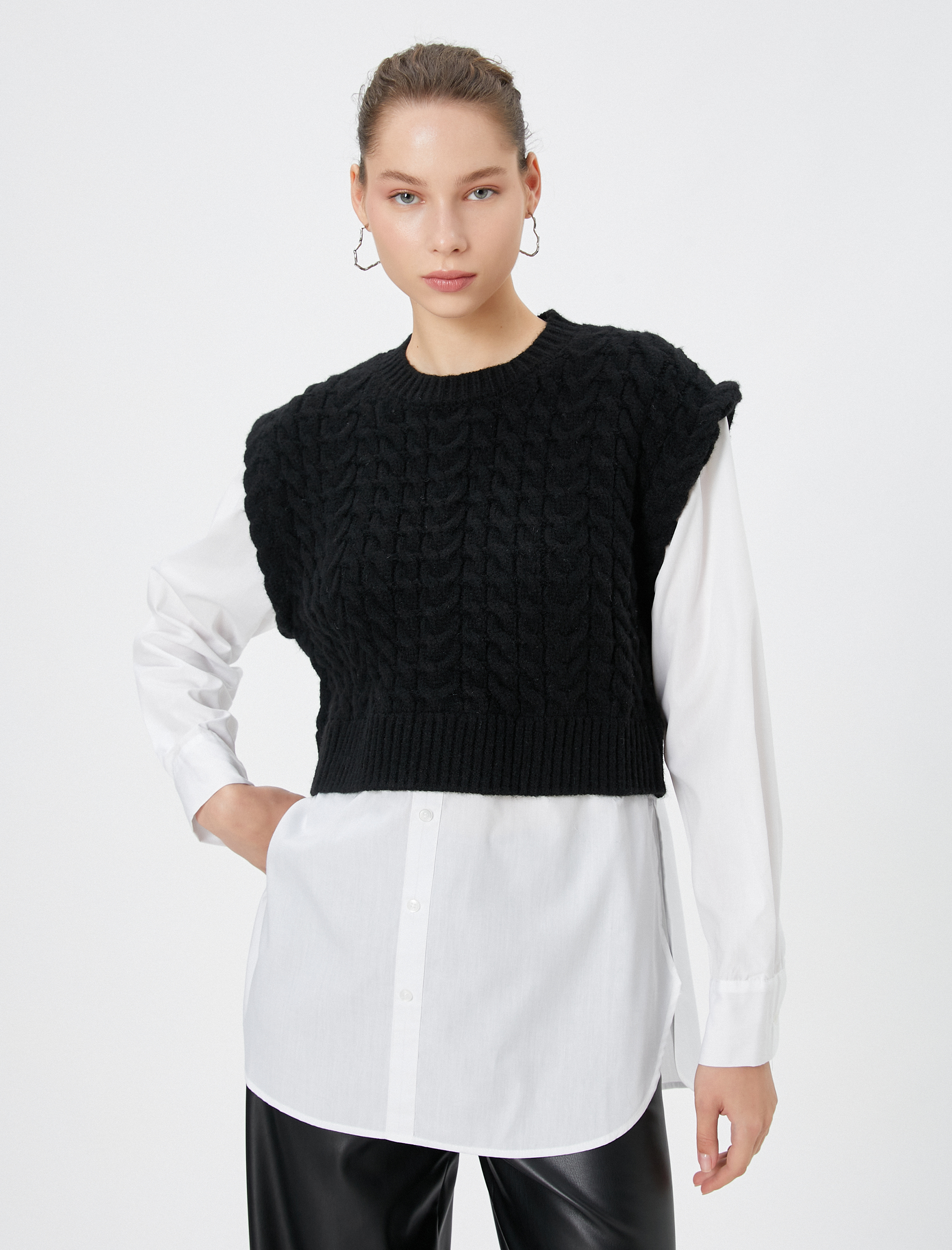   Triko Süveter Detaylı Tunik Çift Kumaş Uzun Kollu Yuvarlak Yaka