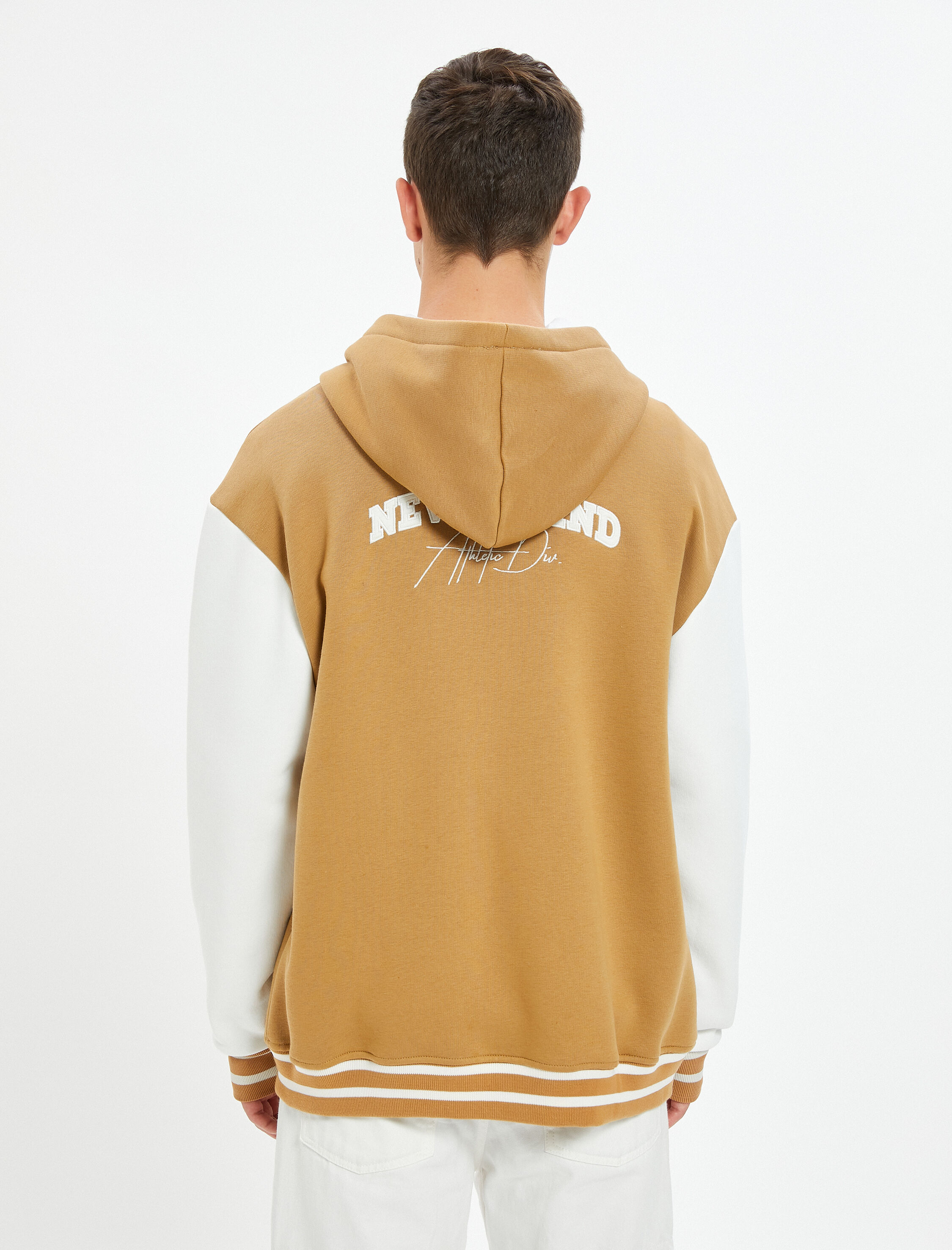 Kolej Hırka Kapşonlu Renk Bloklu Cepli İşleme Detaylı Şardonlu