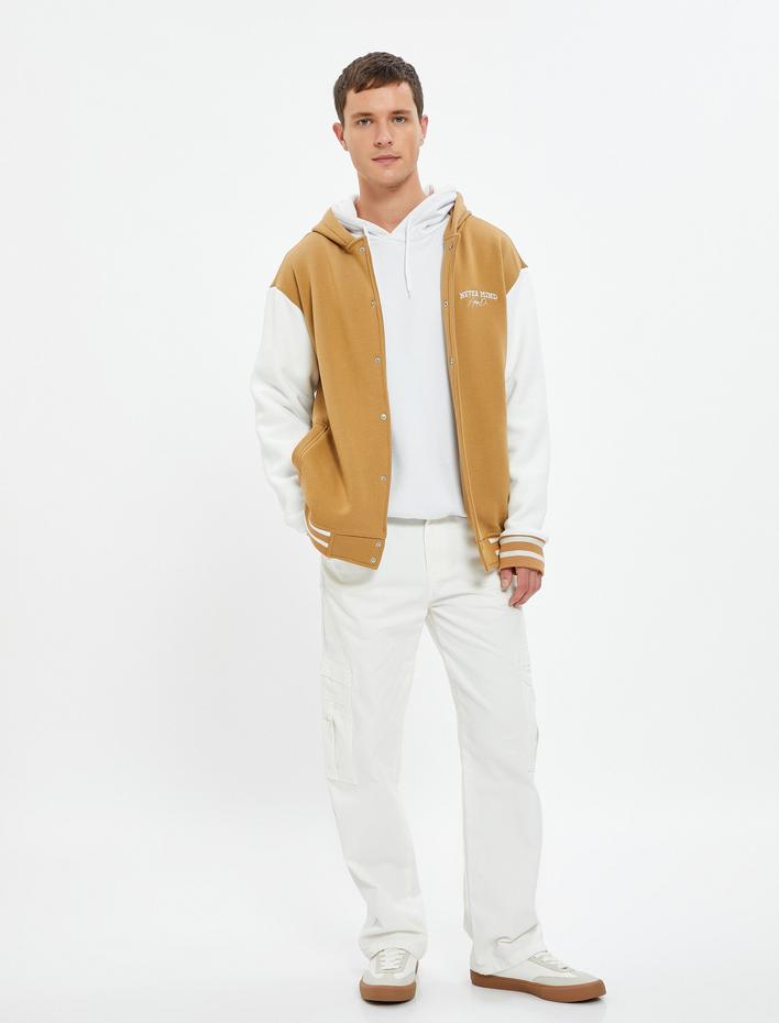  Kolej Hırka Kapşonlu Renk Bloklu Cepli İşleme Detaylı Şardonlu