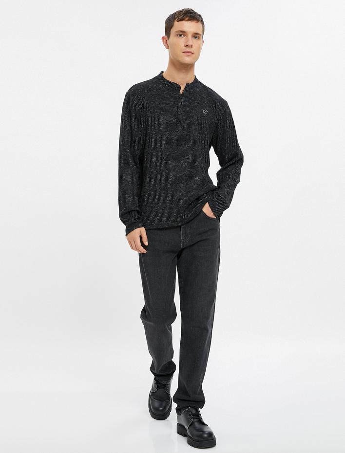  Mandarin Yaka Kazak Düğme Detaylı Uzun Kollu