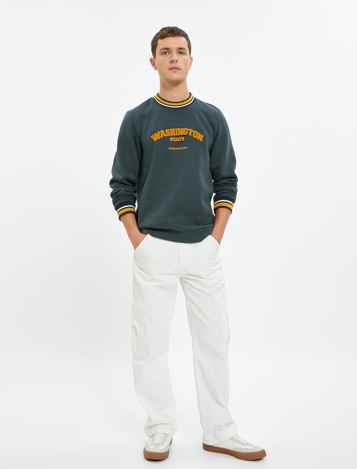  Kolej Sweatshirt Peluş Aplike Detaylı Çizgili uzun Kollu Bisiklet Yaka Şardonlu