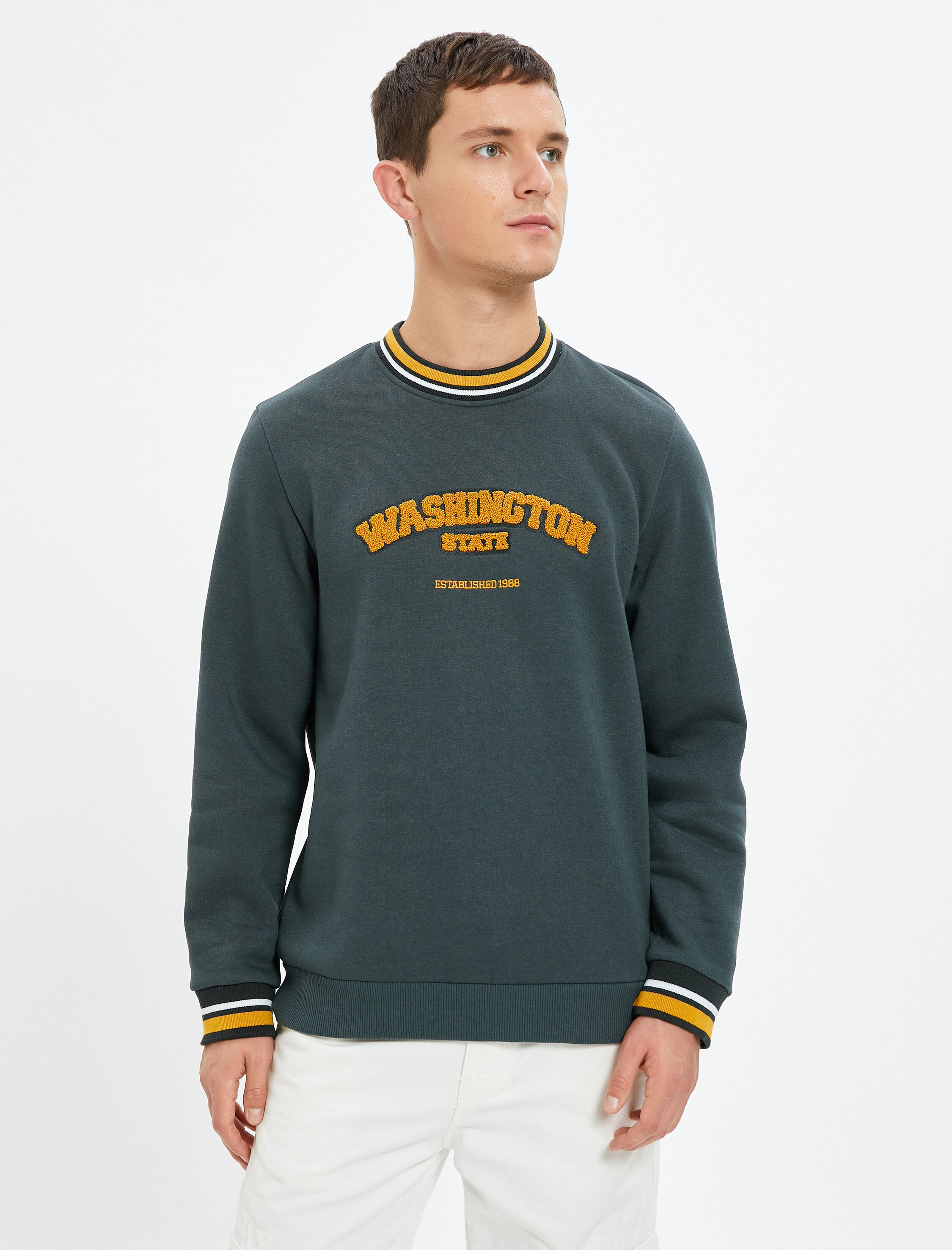 Kolej Sweatshirt Peluş Aplike Detaylı Çizgili uzun Kollu Bisiklet Yaka Şardonlu