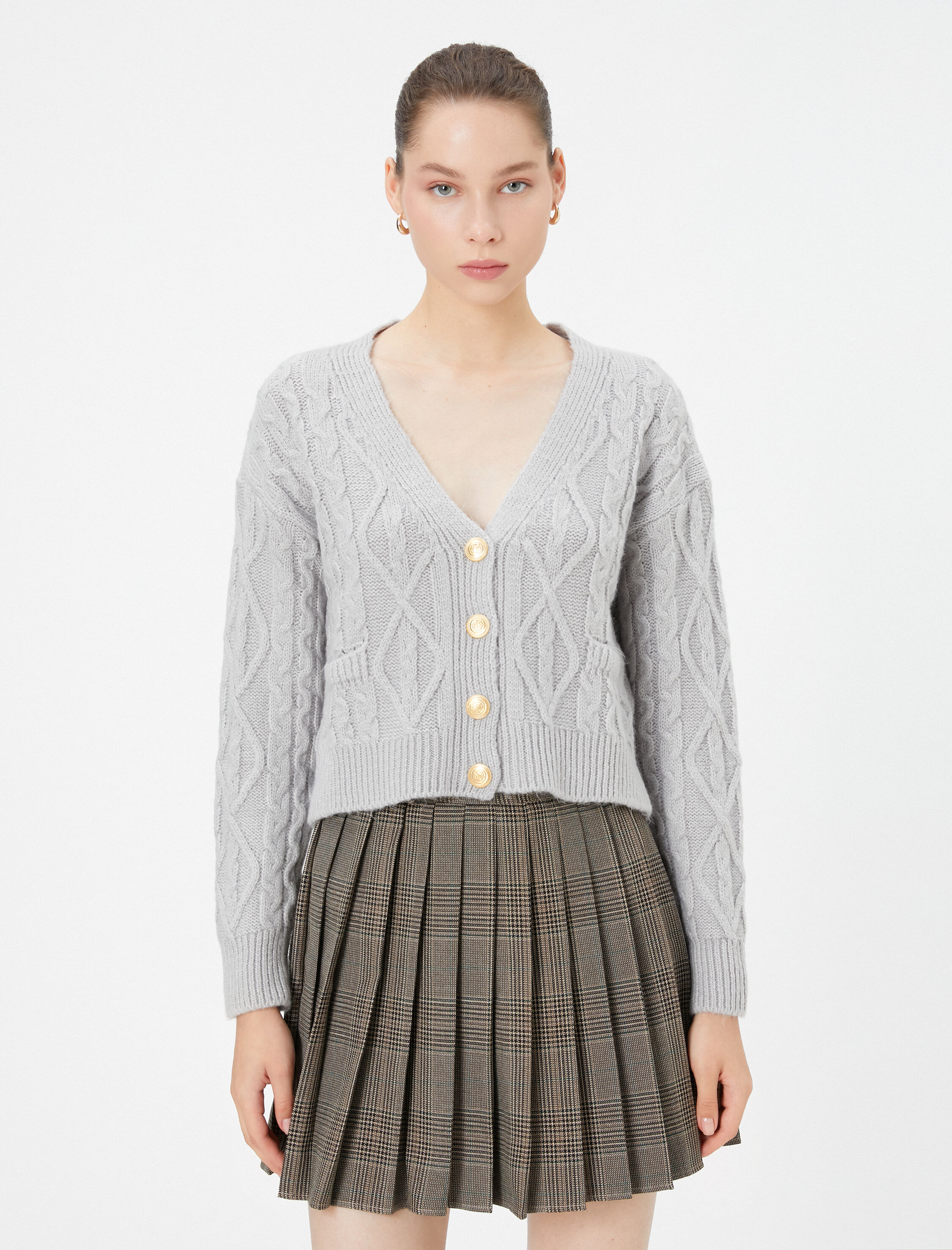   Örgü Hırka Saç Örgü Desenli V Yaka Düğmeli Uzun Kollu