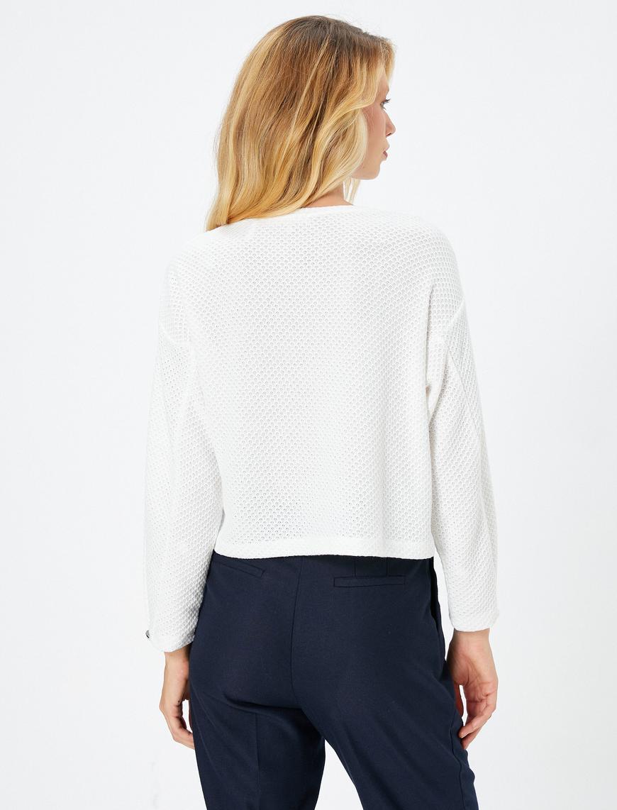   Crop Sweatshirt Dokulu Bisiklet Yaka Uzun Kollu