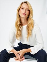 Crop Sweatshirt Dokulu Bisiklet Yaka Uzun Kollu