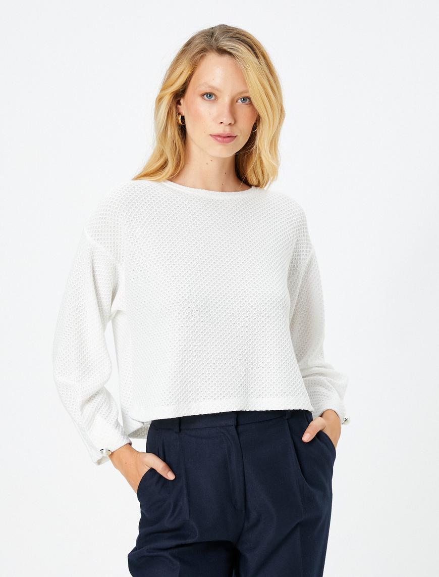   Crop Sweatshirt Dokulu Bisiklet Yaka Uzun Kollu