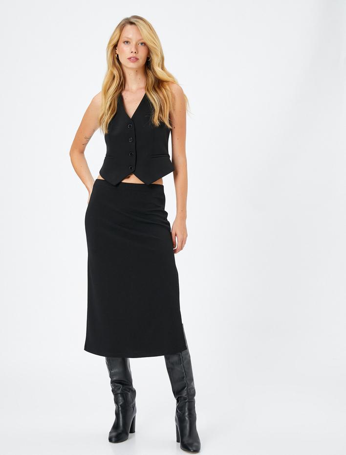  Midi Yırtmaçlı Etek Normal Bel