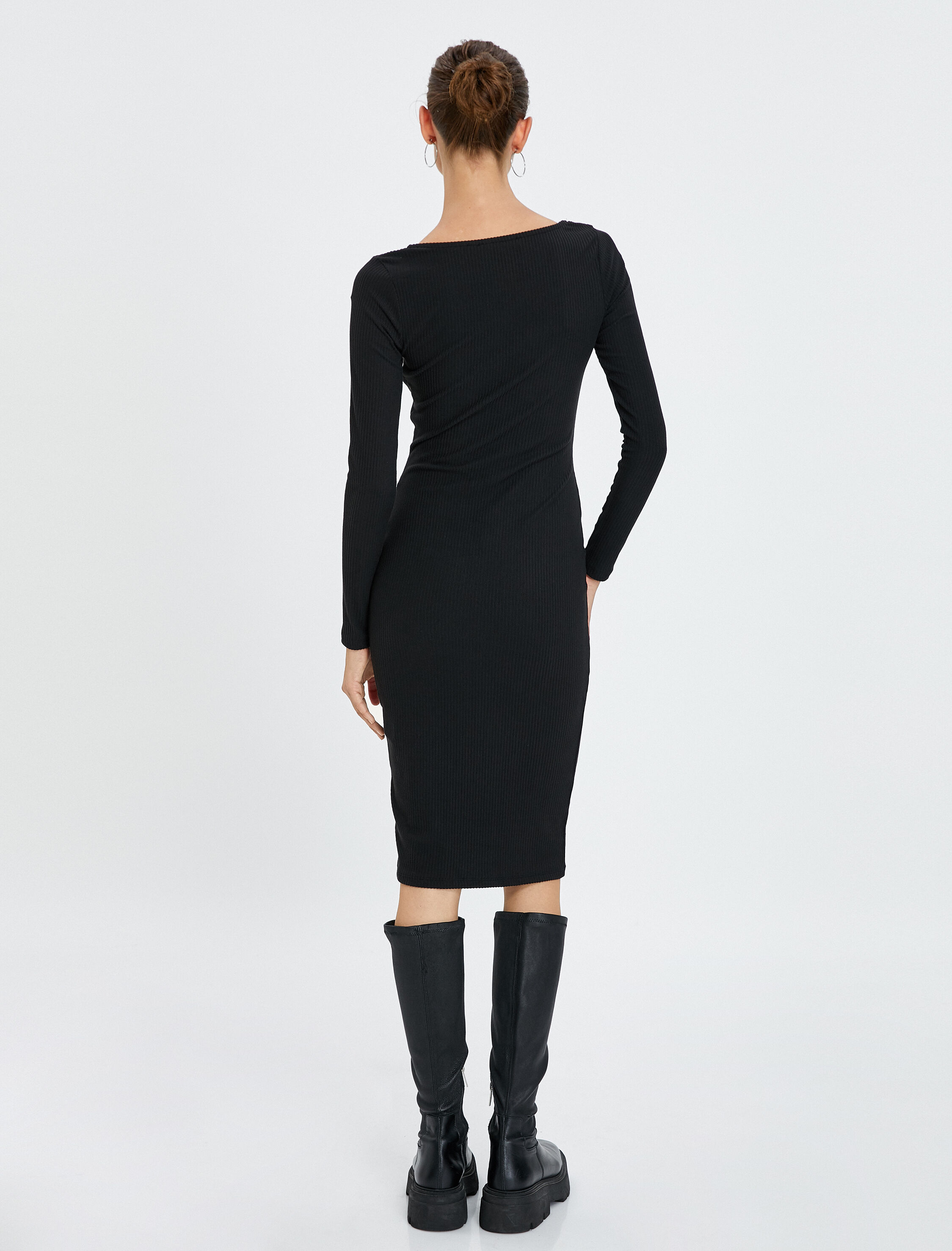   Triko Elbise Uzun Kollu Kare Yaka Fitilli