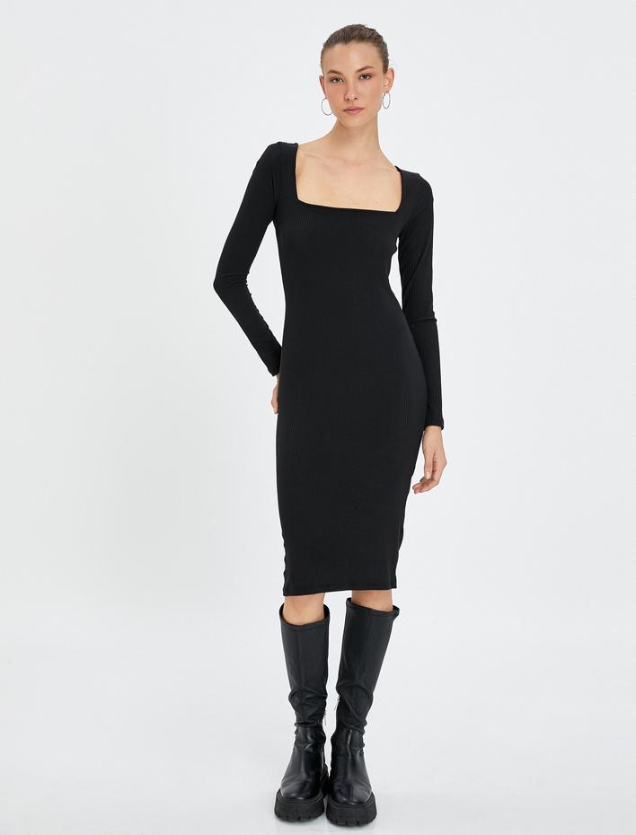  Triko Elbise Uzun Kollu Kare Yaka Fitilli