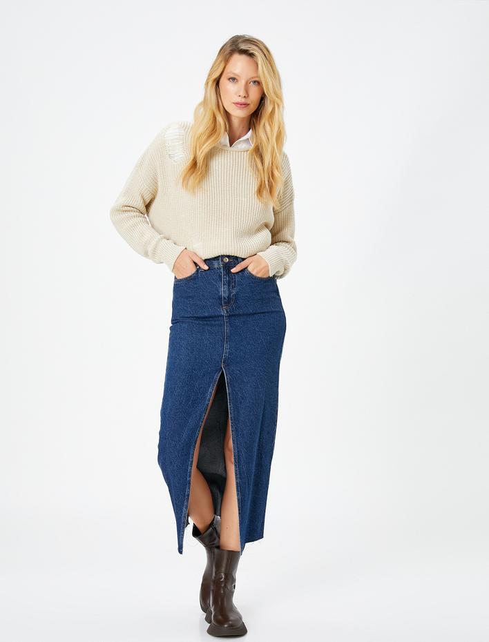  Örgü Kazak Ajurlu Uzun Kollu Düşük Omuzlu