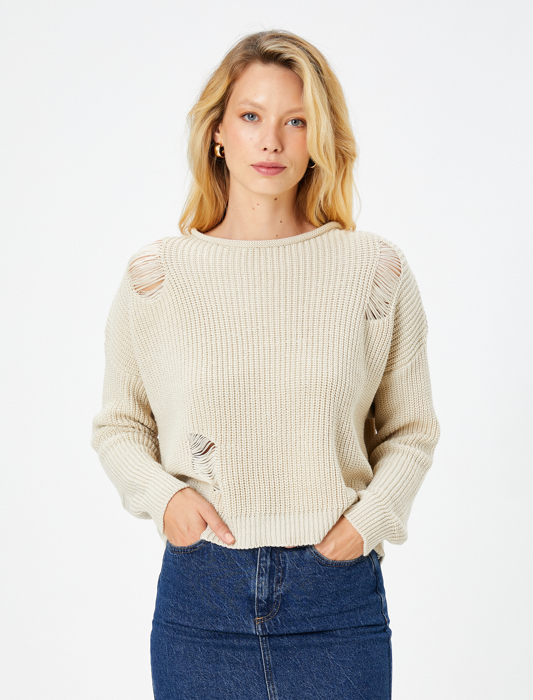   Örgü Kazak Ajurlu Uzun Kollu Düşük Omuzlu