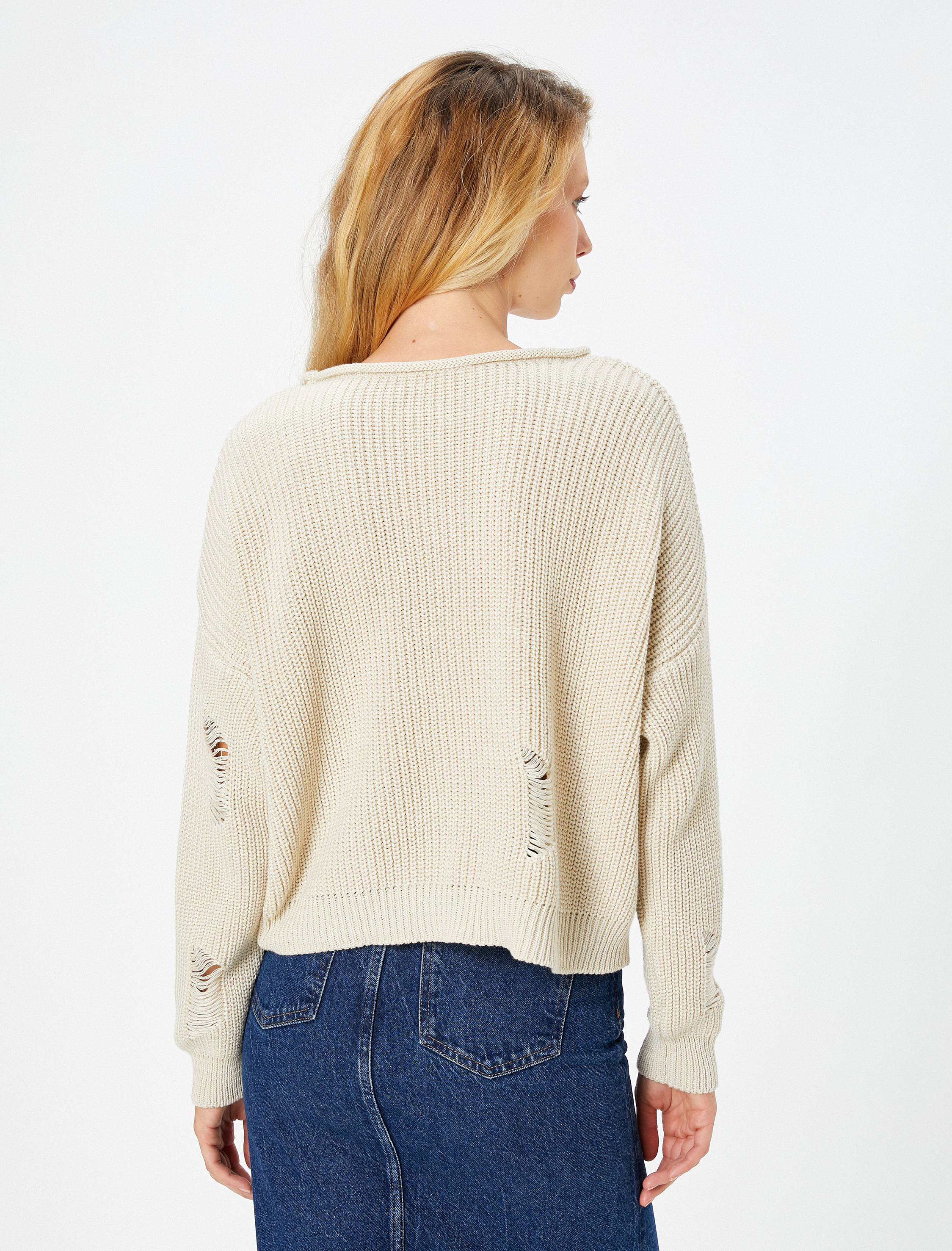   Örgü Kazak Ajurlu Uzun Kollu Düşük Omuzlu