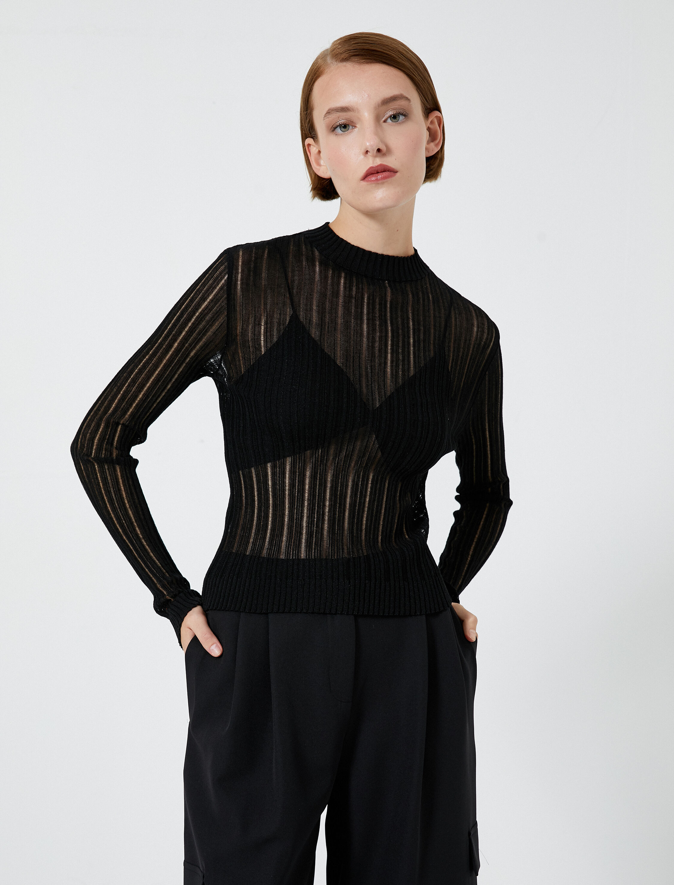   Bisiklet Yaka Kazak Uzun Kollu Transparan Viskon Karışımlı