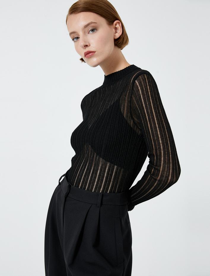  Bisiklet Yaka Kazak Uzun Kollu Transparan Viskon Karışımlı