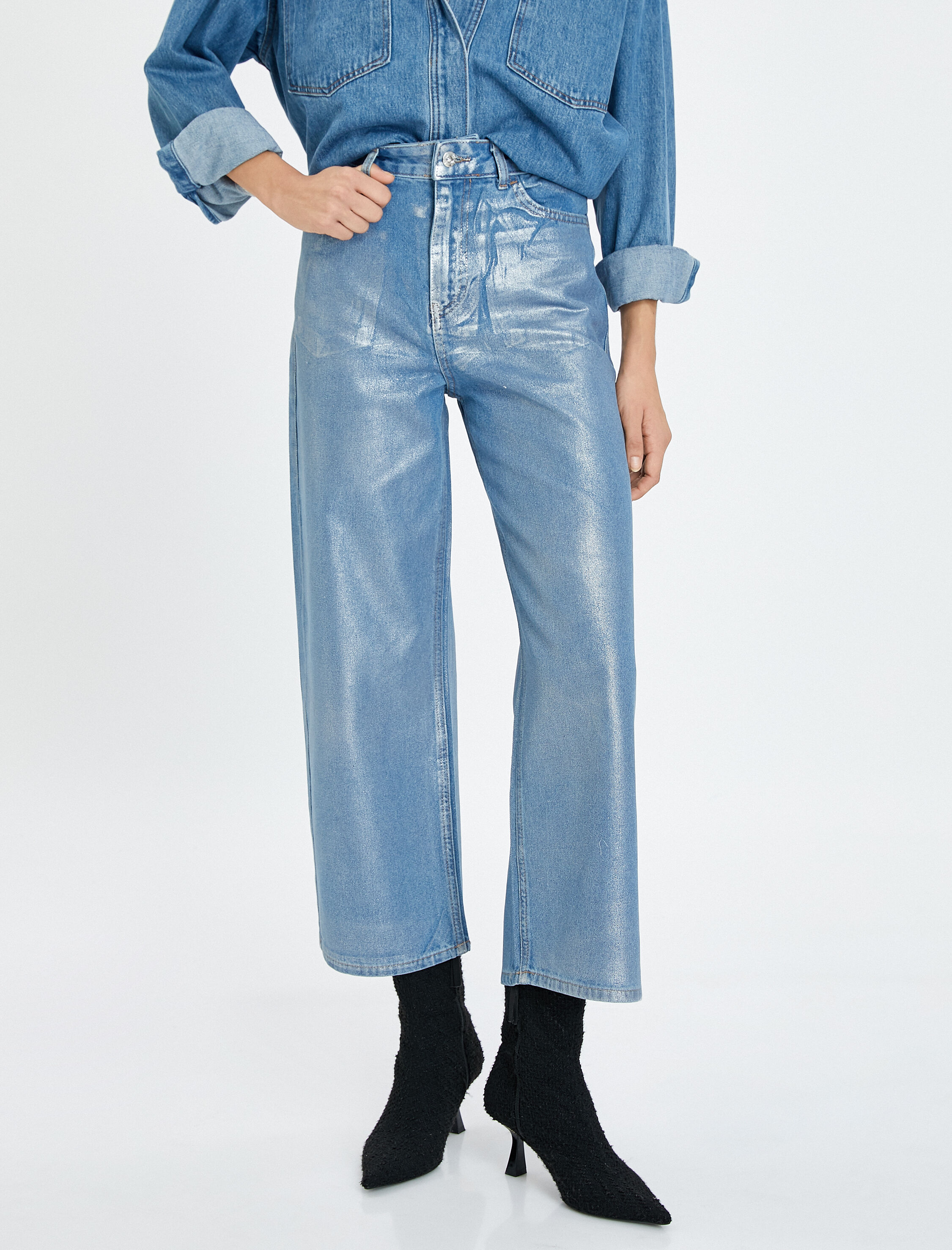   Ekstra Geniş Crop Paça Metalik Parlak Kot Pantolon Yüksek Bel - Bianca Crop Jean