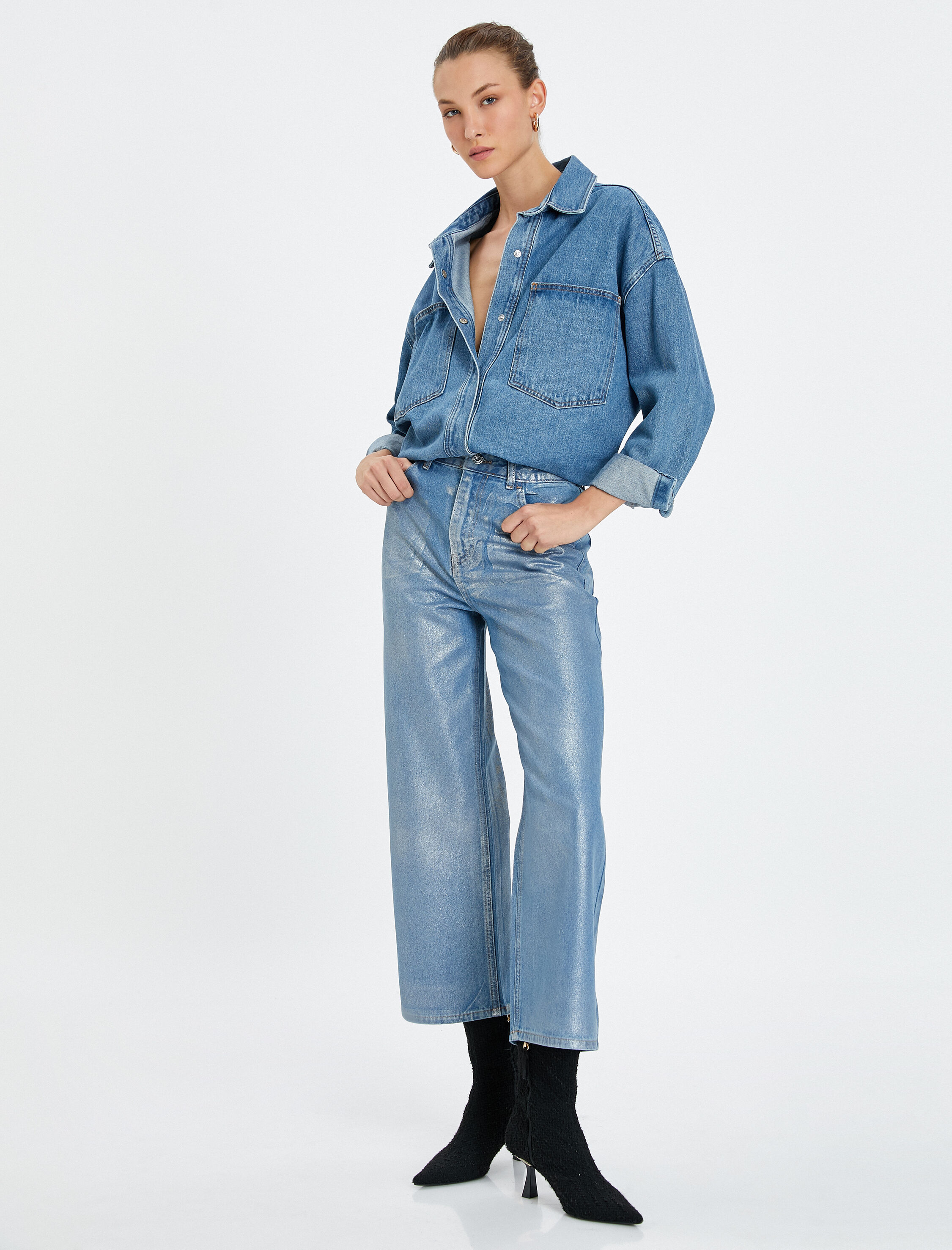   Ekstra Geniş Crop Paça Metalik Parlak Kot Pantolon Yüksek Bel - Bianca Crop Jean