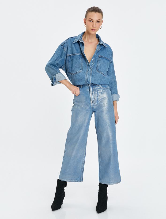  Ekstra Geniş Crop Paça Metalik Parlak Kot Pantolon Yüksek Bel - Bianca Crop Jean