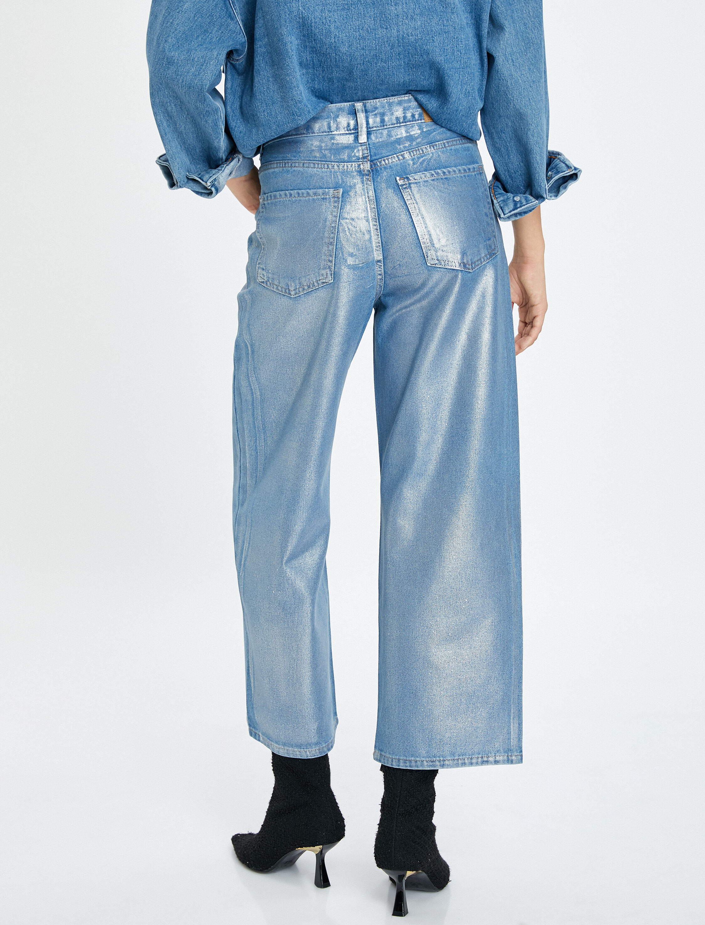   Ekstra Geniş Crop Paça Metalik Parlak Kot Pantolon Yüksek Bel - Bianca Crop Jean