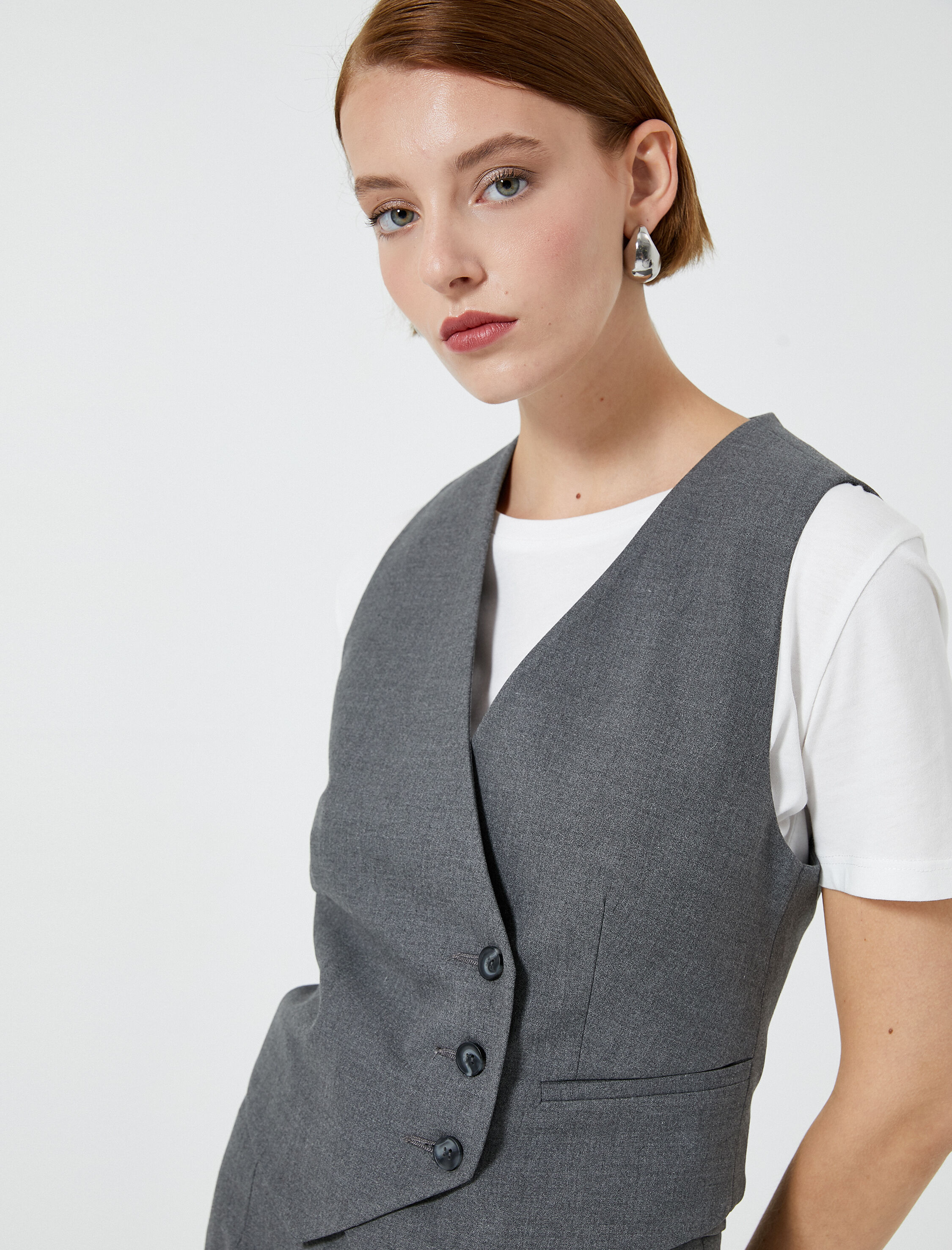   Kruvaze Yelek Düğmeli Kapalı Cepli V Yaka