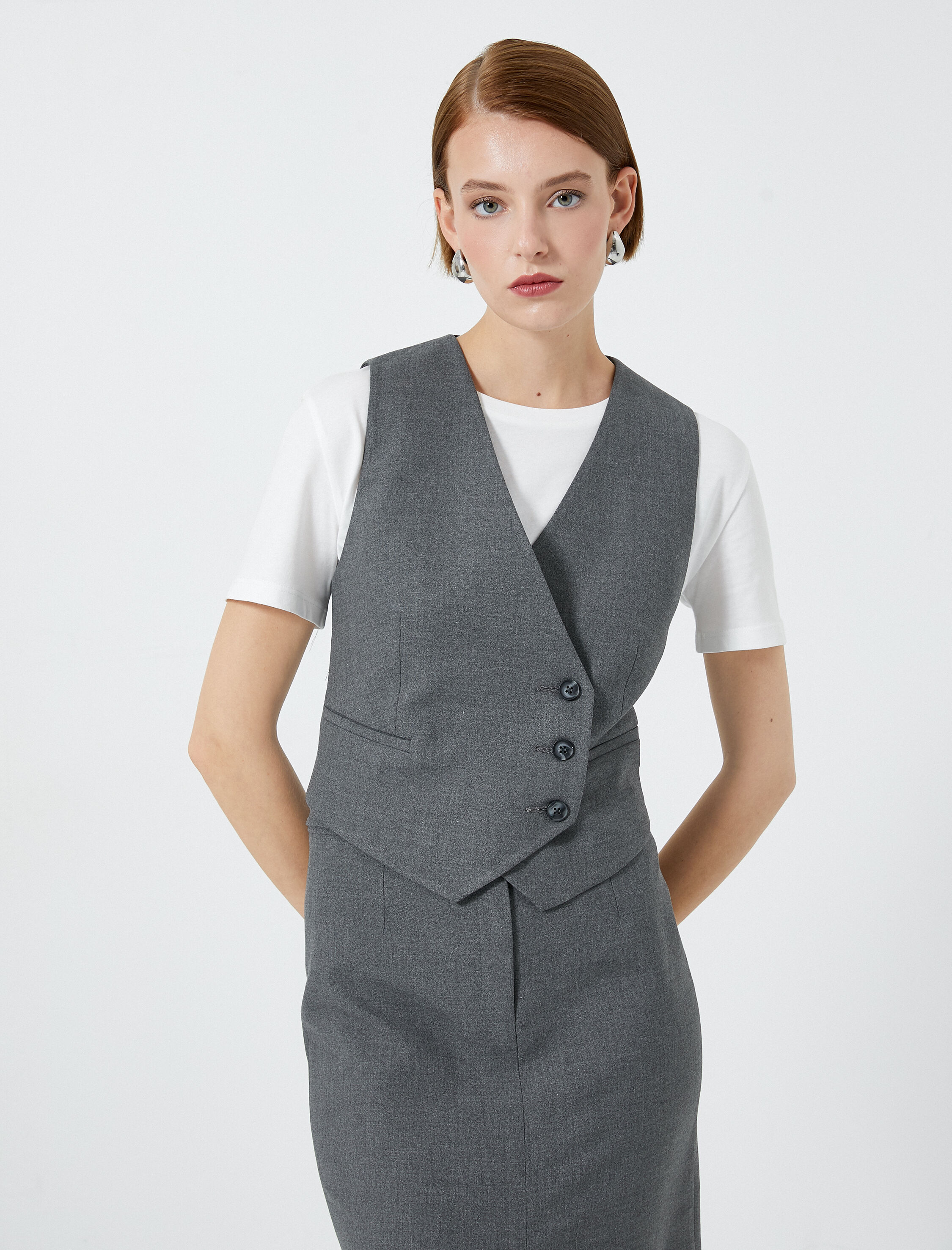   Kruvaze Yelek Düğmeli Kapalı Cepli V Yaka