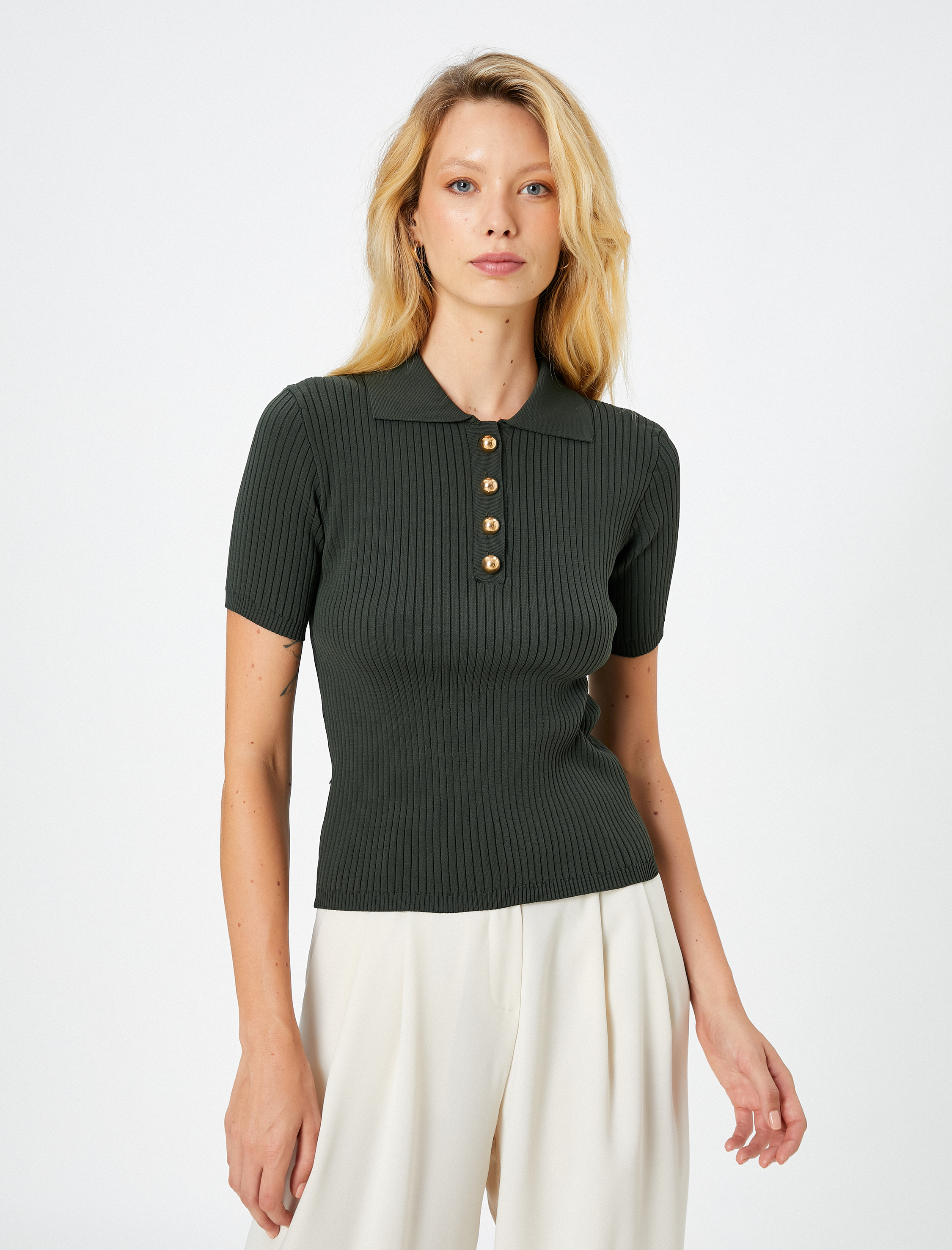   Triko Kazak Polo Yaka Düğmeli Kısa Kollu