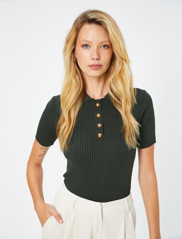  Triko Kazak Polo Yaka Düğmeli Kısa Kollu