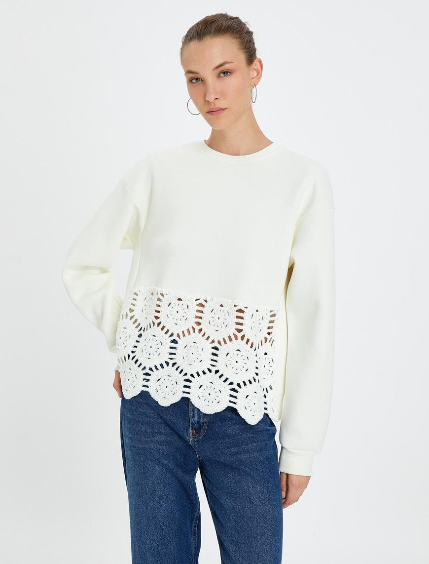   Kroşe Detaylı Sweatshirt Bisiklet Yaka Uzun Kollu