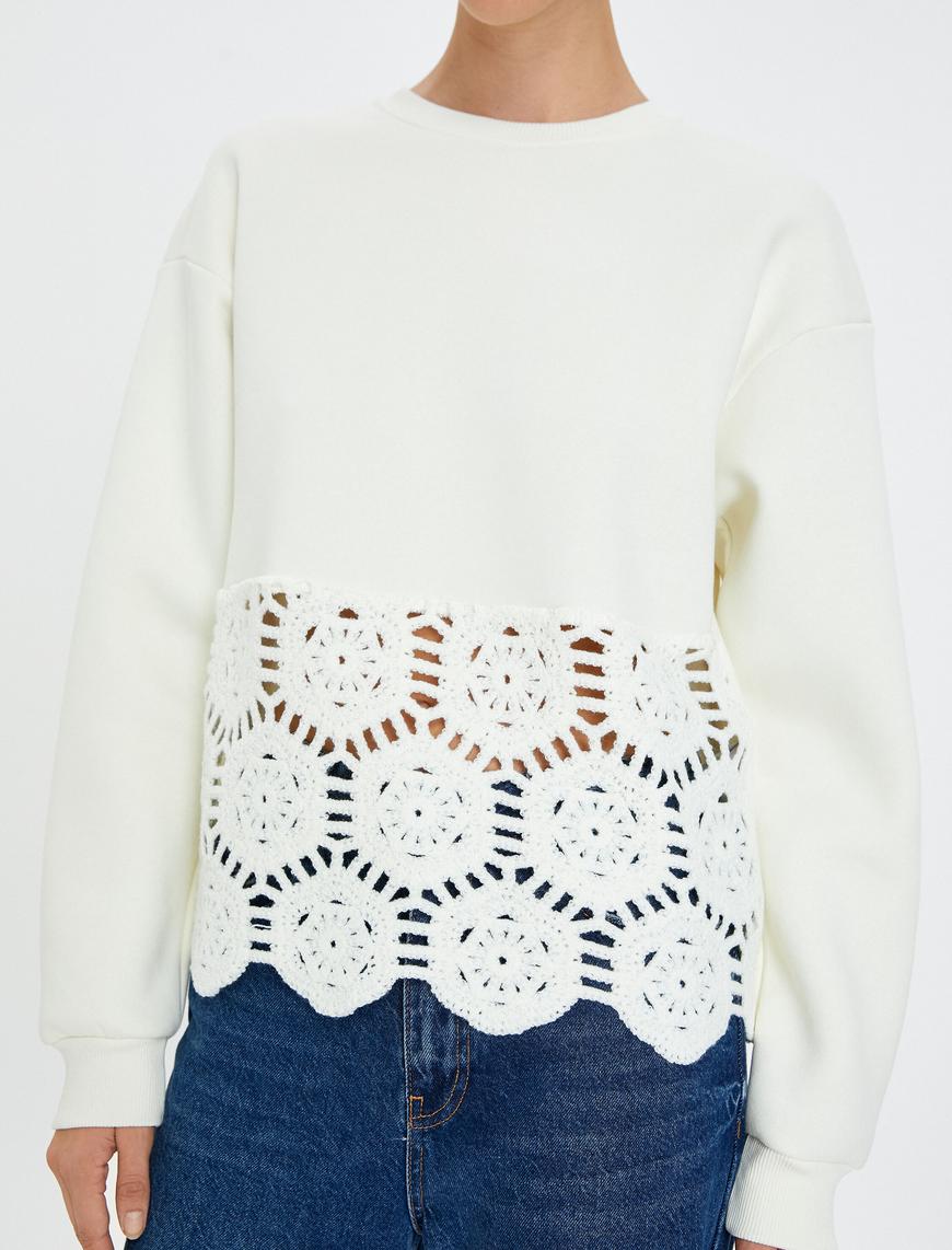   Kroşe Detaylı Sweatshirt Bisiklet Yaka Uzun Kollu