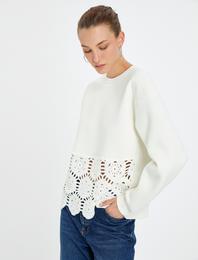 Kroşe Detaylı Sweatshirt Bisiklet Yaka Uzun Kollu