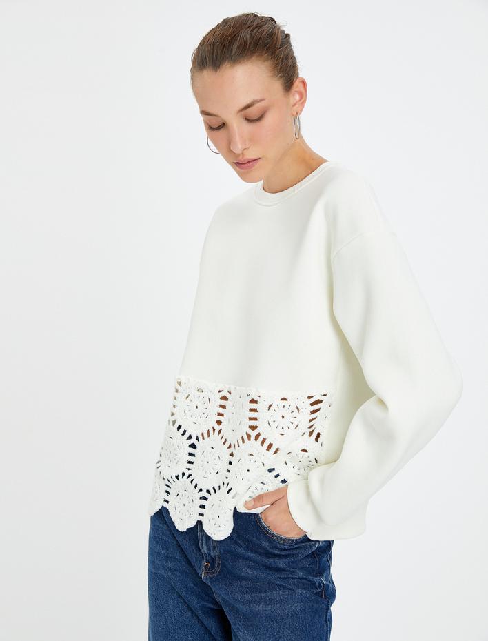  Kroşe Detaylı Sweatshirt Bisiklet Yaka Uzun Kollu