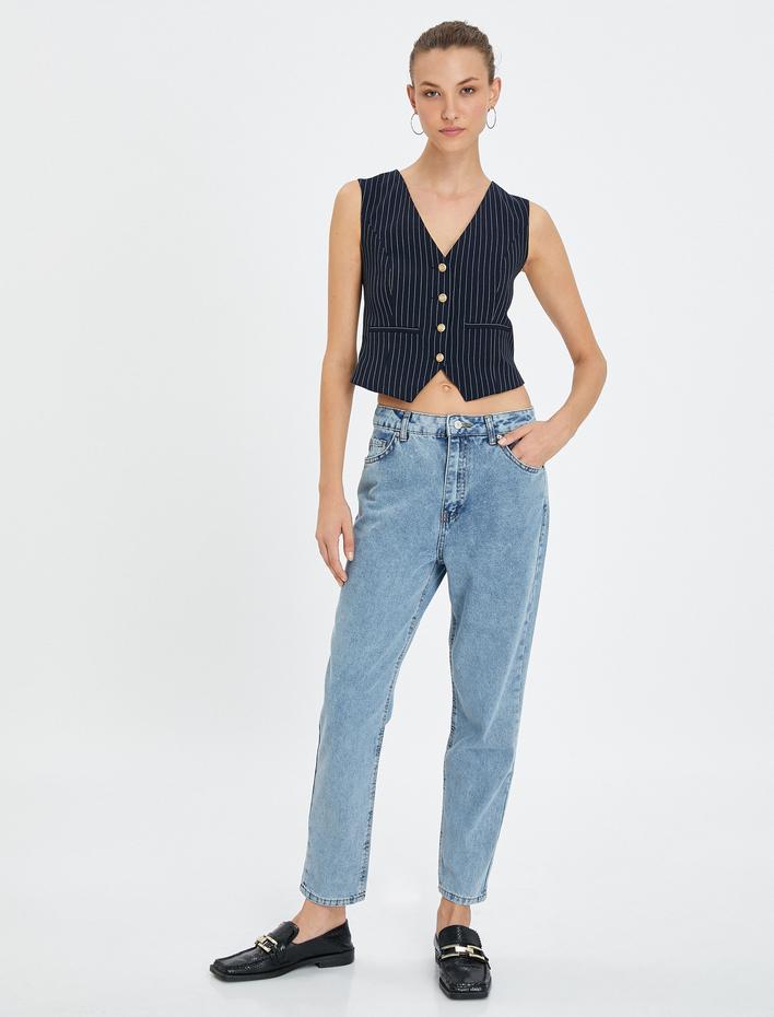  Mom Jean Yüksek Bel Rahat Kesim Hafif Dar Paça Pamuklu Cepli - Mom Jeans