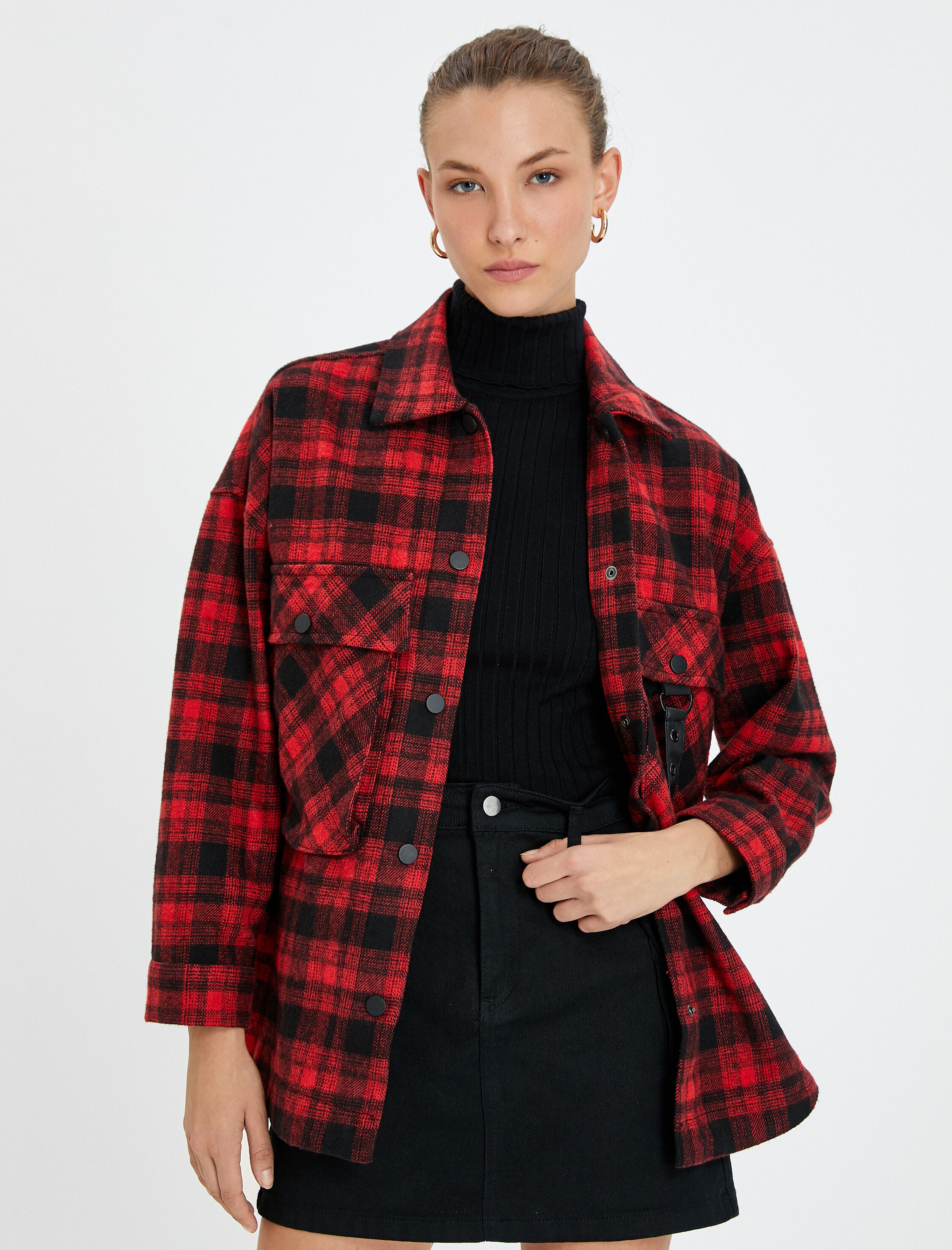   Oversize Ekoseli Oduncu Gömlek Ceket Cep Detaylı Çıtçıt Düğmeli