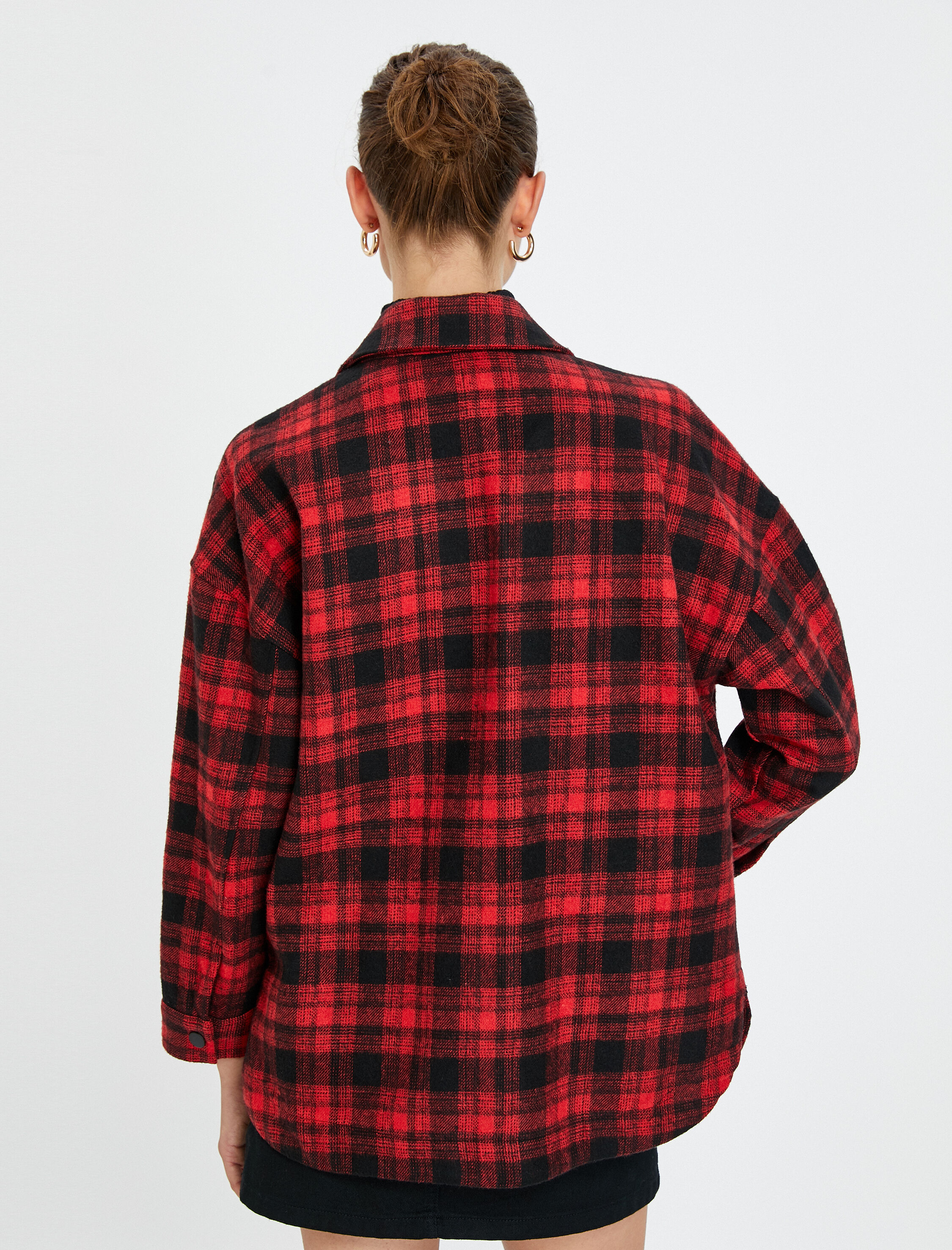   Oversize Ekoseli Oduncu Gömlek Ceket Cep Detaylı Çıtçıt Düğmeli