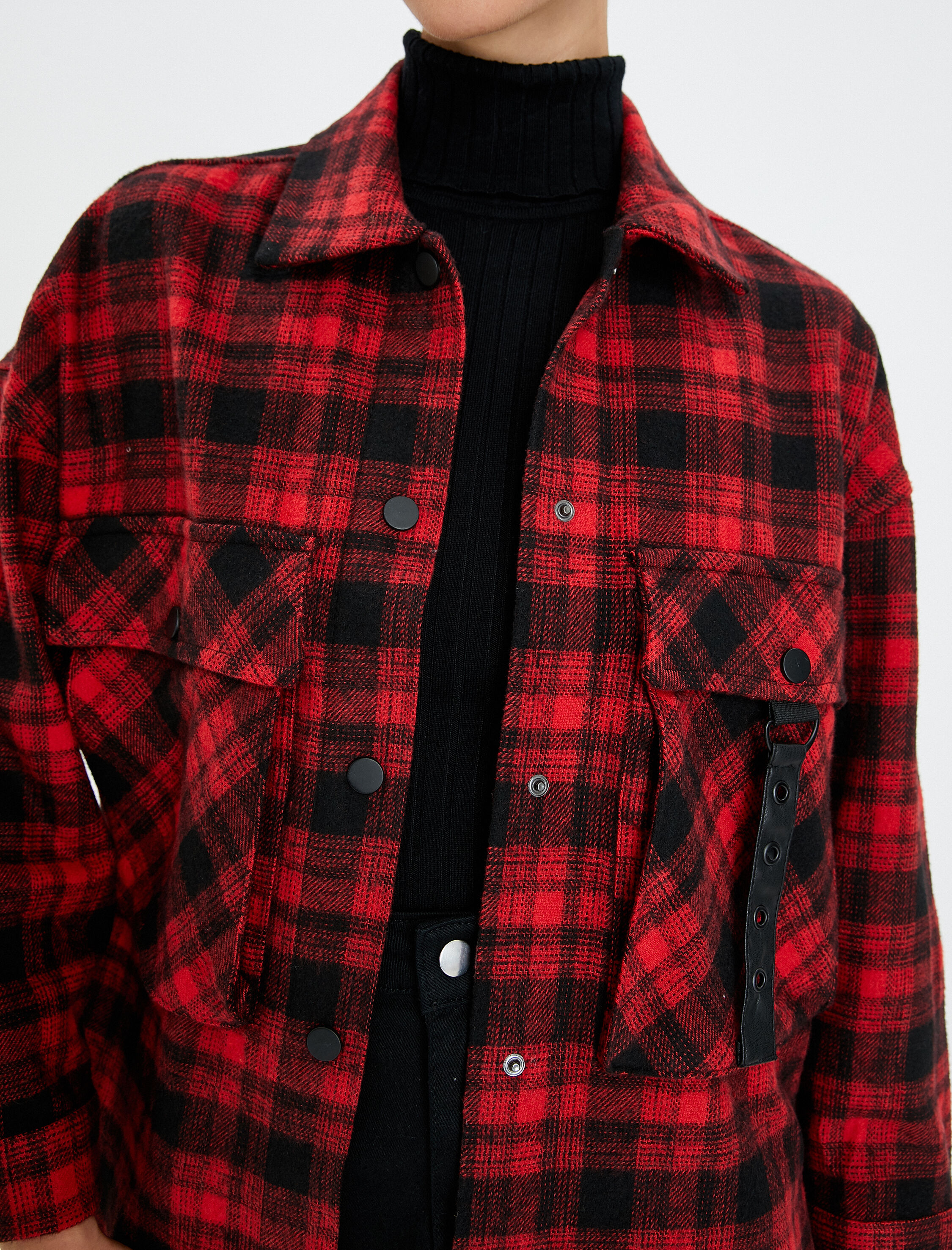   Oversize Ekoseli Oduncu Gömlek Ceket Cep Detaylı Çıtçıt Düğmeli