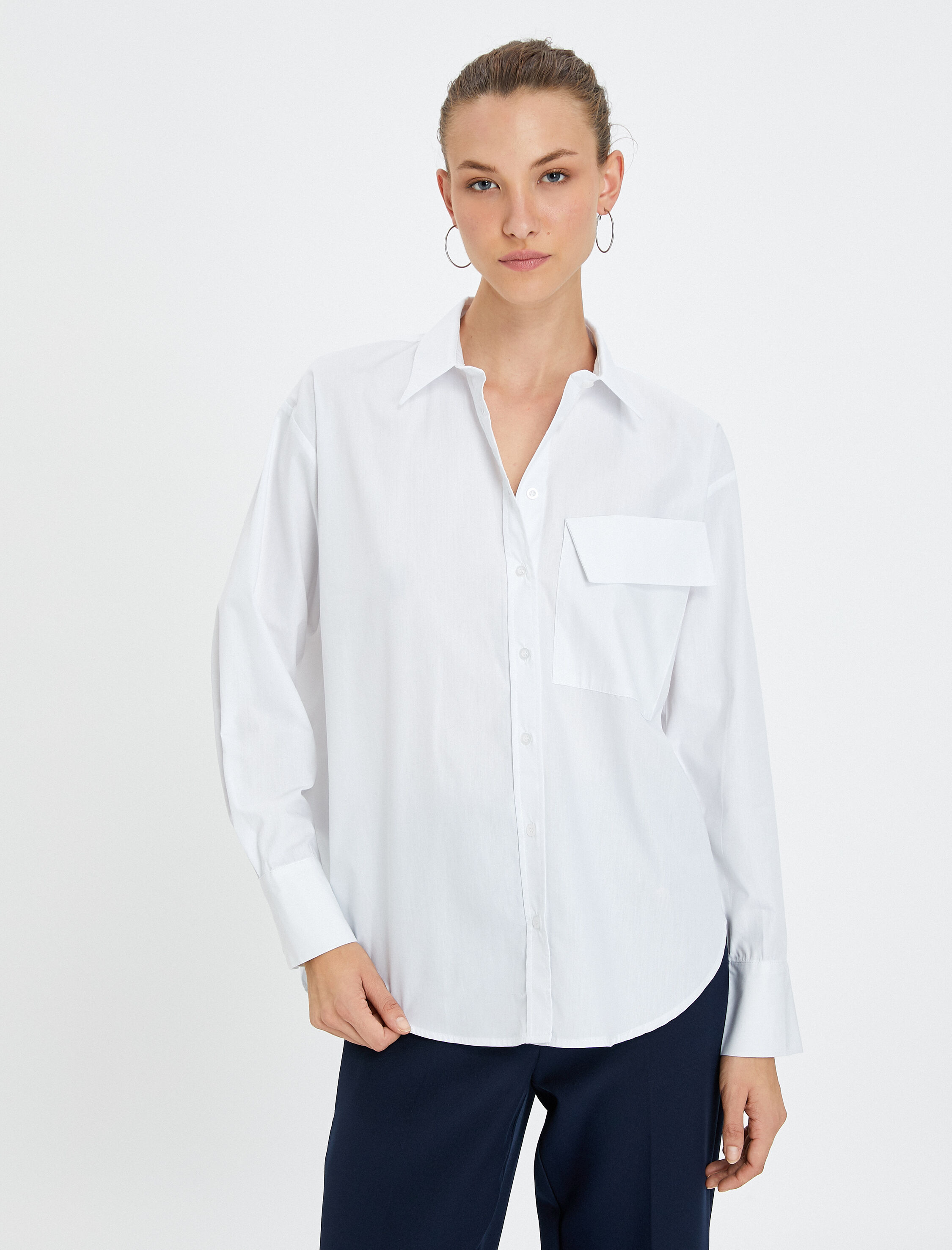   Uzun Kollu Gömlek Kapaklı Cepli Düğmeli Pamuklu