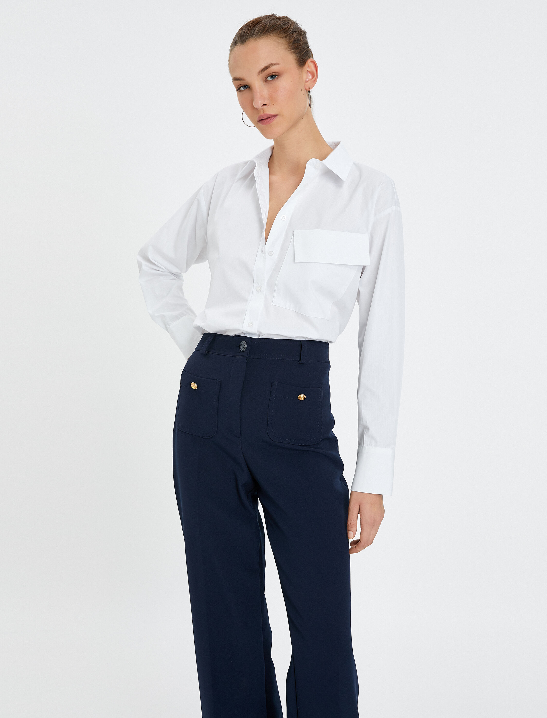   Uzun Kollu Gömlek Kapaklı Cepli Düğmeli Pamuklu