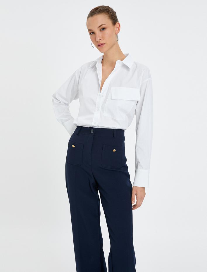  Uzun Kollu Gömlek Kapaklı Cepli Düğmeli Pamuklu