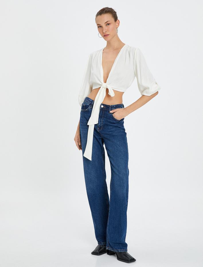  Crop Bluz Balon Kollu Kroşe Detaylı Önden Bağlamalı