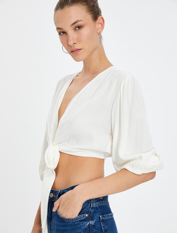 Crop Bluz Balon Kollu Kroşe Detaylı Önden Bağlamalı