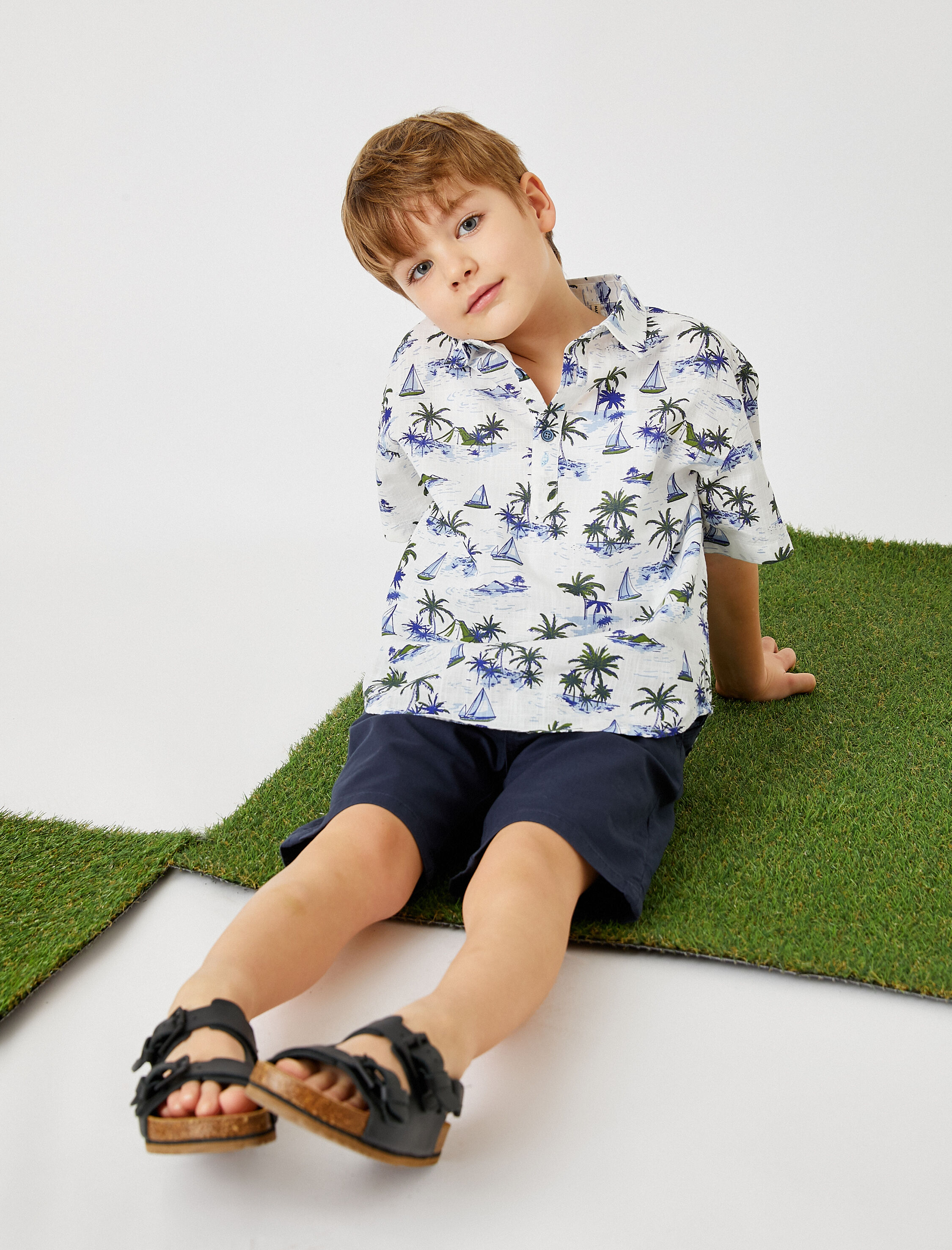  Erkek Çocuk Desenli Gömlek Tek Cepli Düğmeli Pamuklu