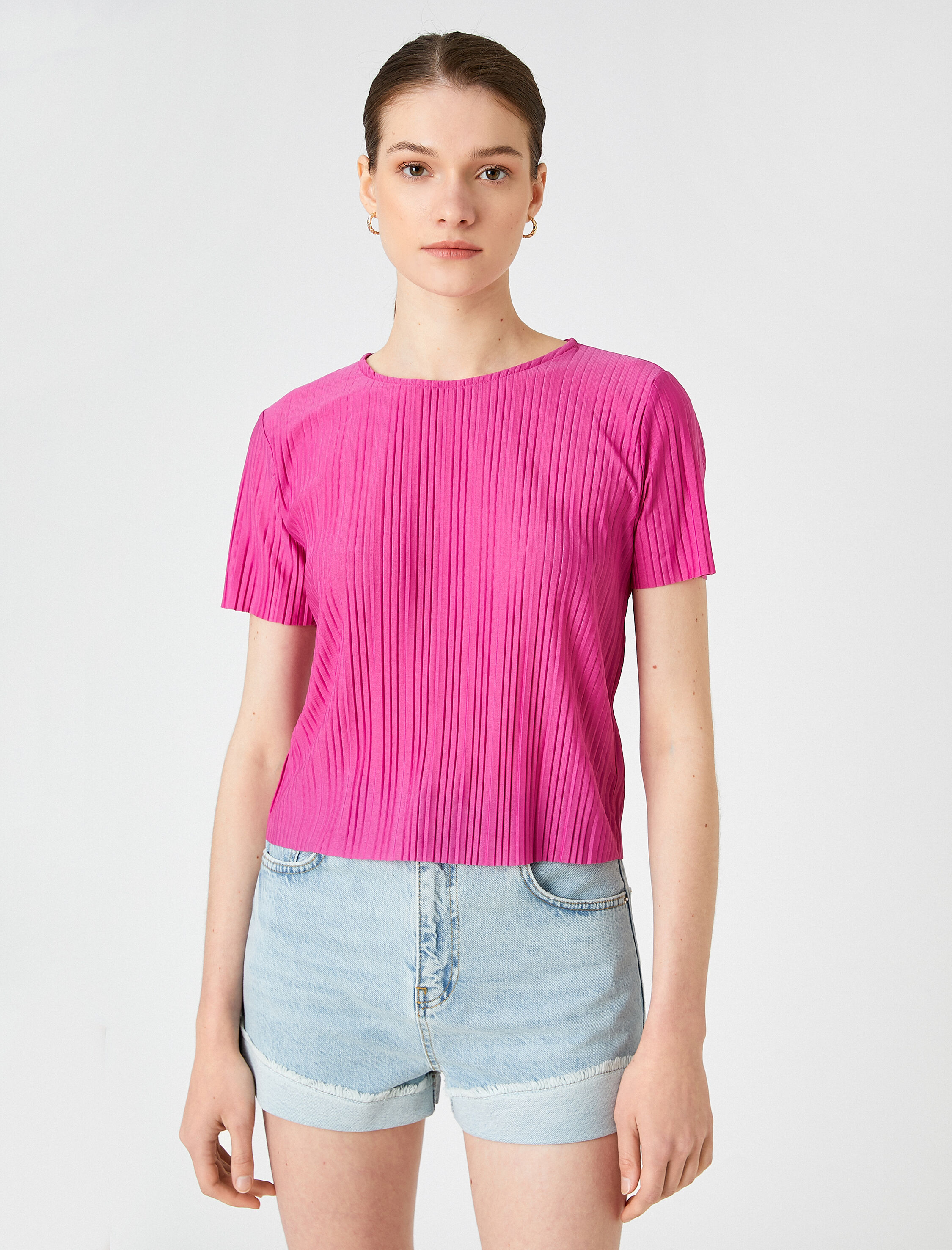   Çizgili Tişört Bisiklet Yaka Kısa Kollu